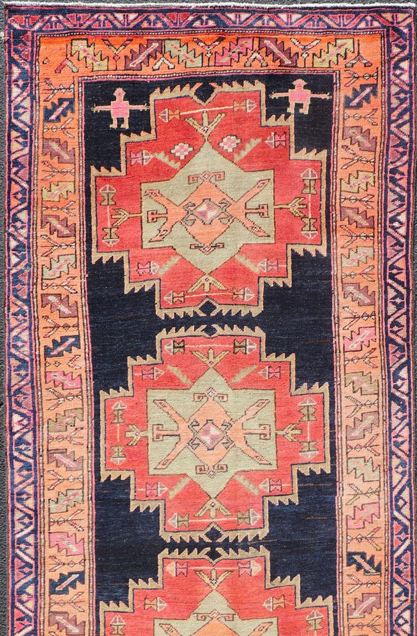 Tabriz Long Hand-Knotted Antique Persian Azerbaijan Runner in Wool with Medallions For Sale
