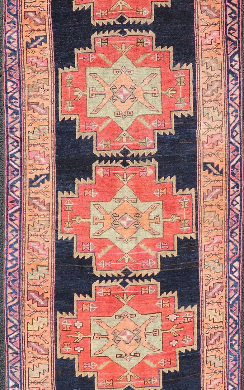 Long Hand-Knotted Antique Persian Azerbaijan Runner in Wool with Medallions In Good Condition For Sale In Atlanta, GA