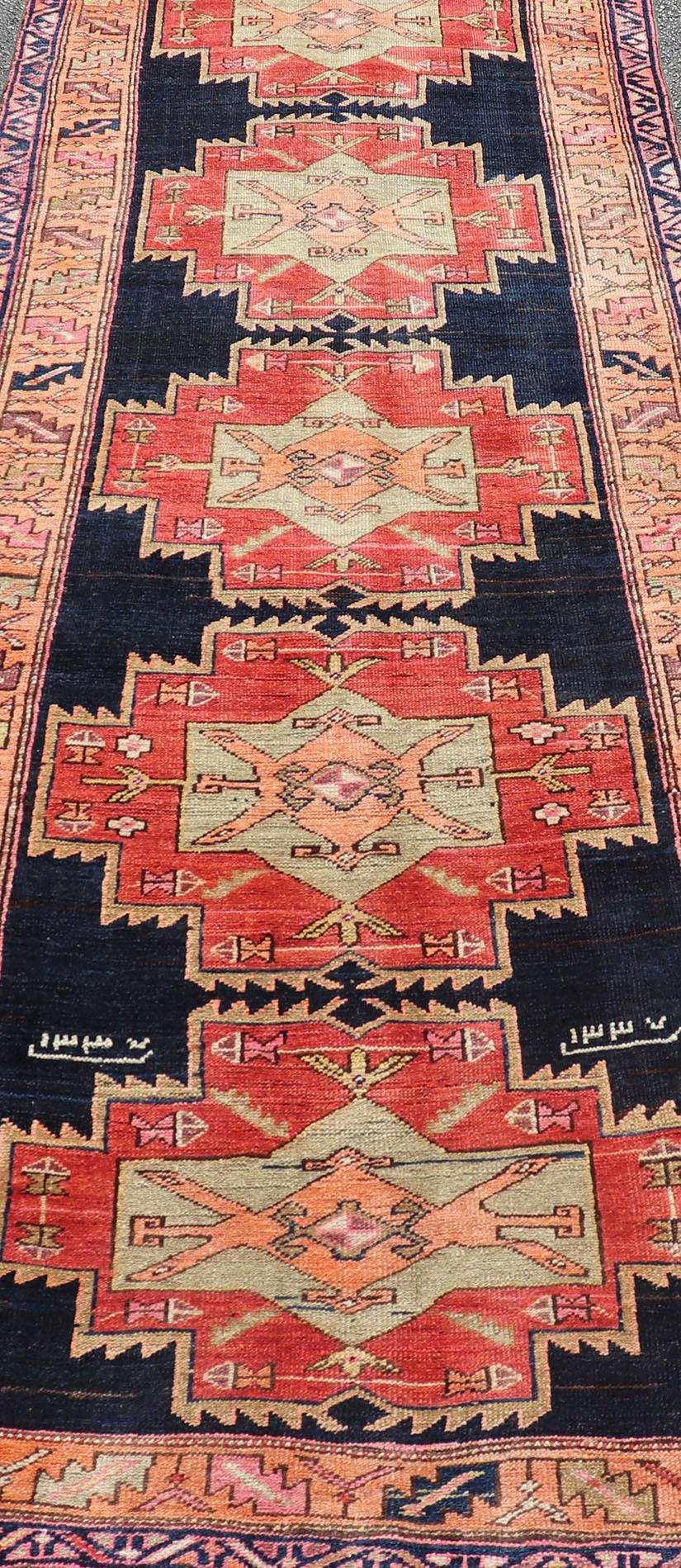 Long Hand-Knotted Antique Persian Azerbaijan Runner in Wool with Medallions For Sale 1