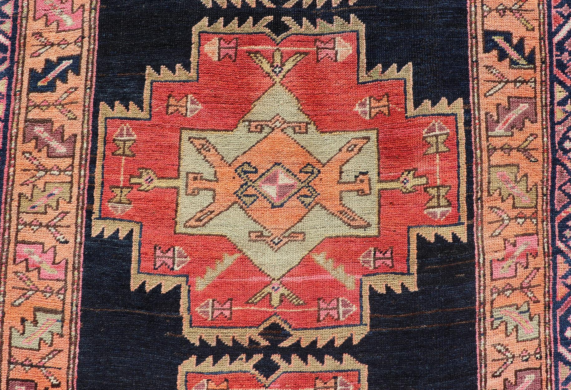 Long Hand-Knotted Antique Persian Azerbaijan Runner in Wool with Medallions For Sale 3
