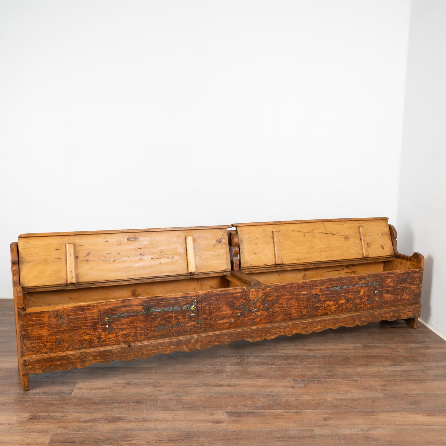 Folk Art Long Hand Painted Bench With Interior Storage, Hungary circa 1880 For Sale
