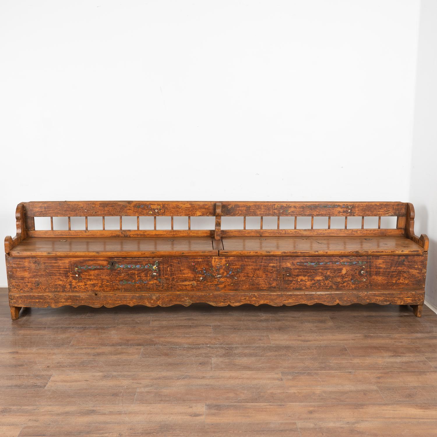 Hungarian Long Hand Painted Bench With Interior Storage, Hungary circa 1880 For Sale