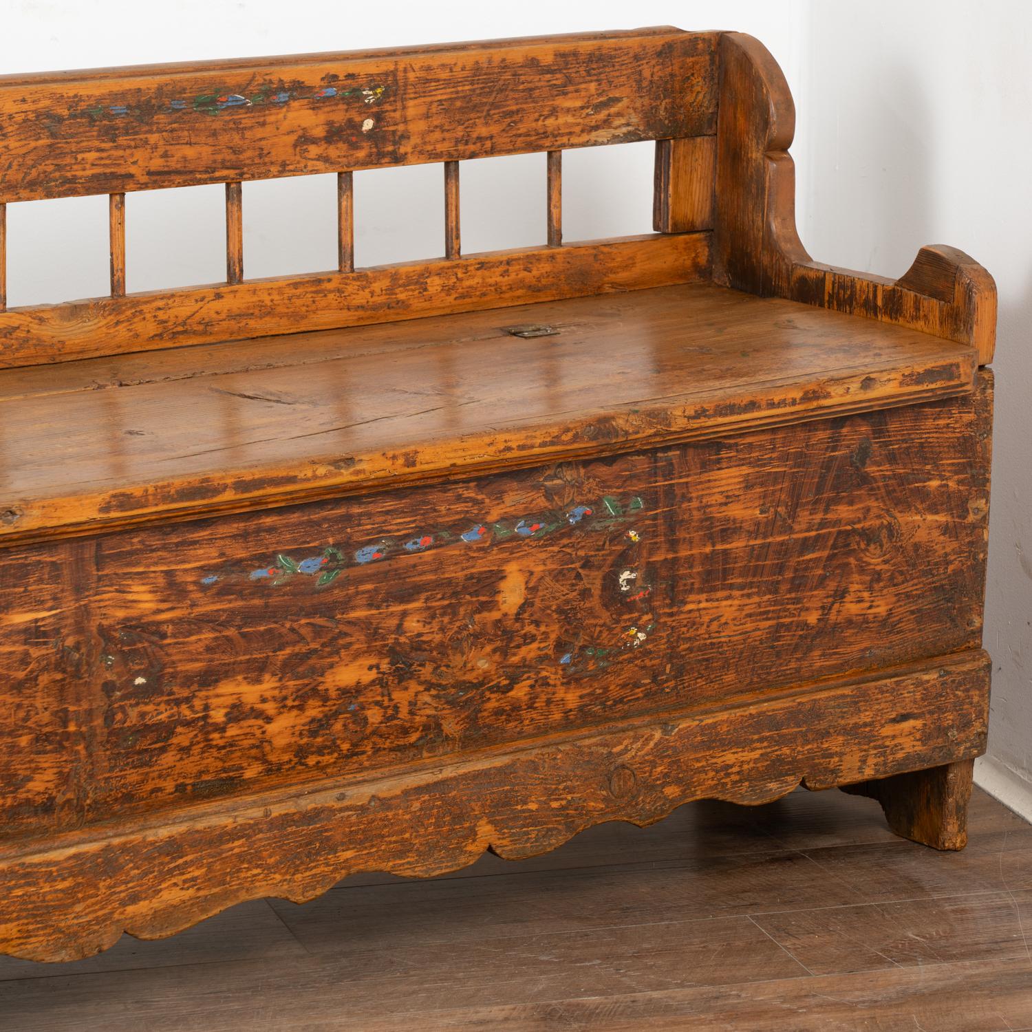 19th Century Long Hand Painted Bench With Interior Storage, Hungary circa 1880 For Sale