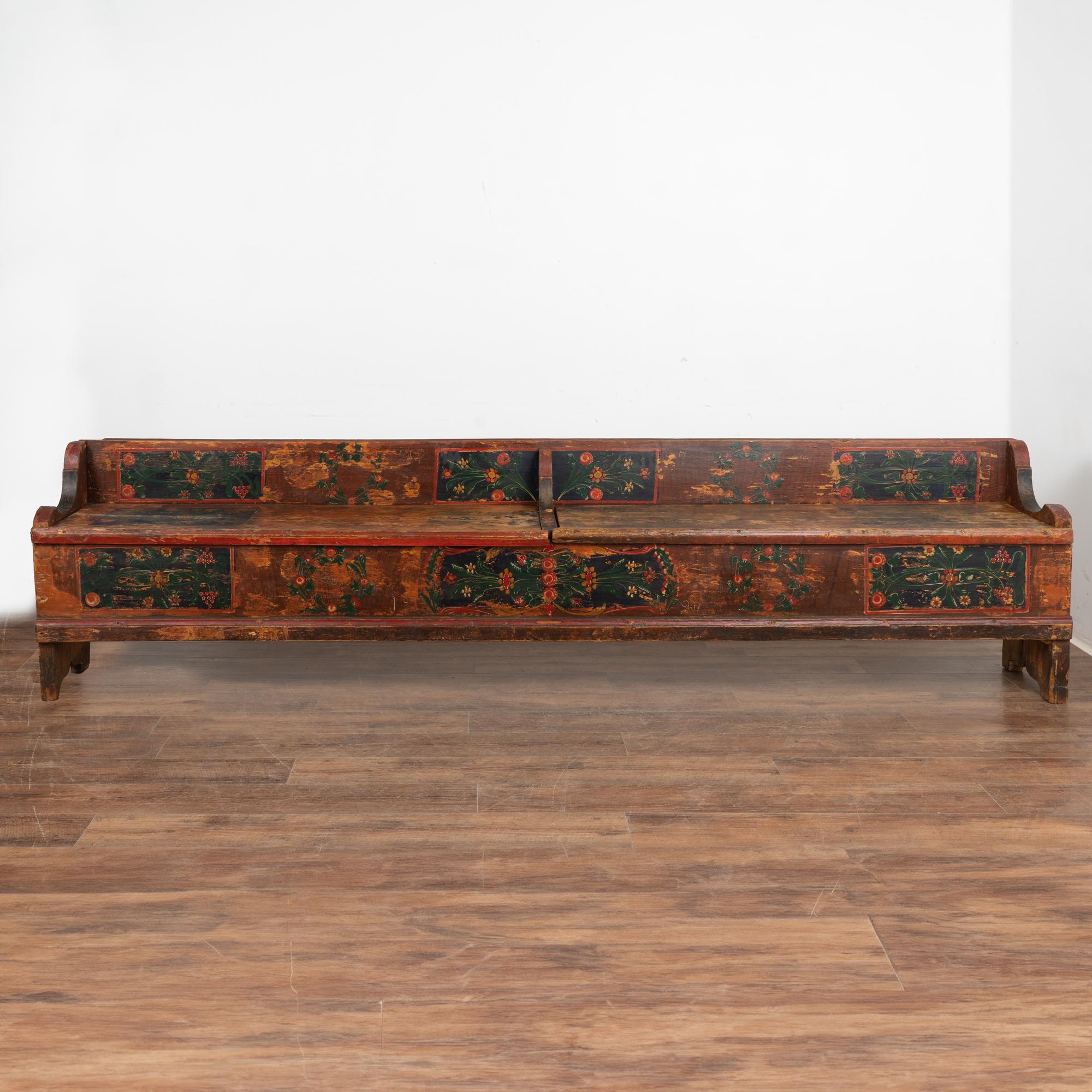 Long Hand Painted Bench With Storage, Hungary circa 1900 In Good Condition In Round Top, TX