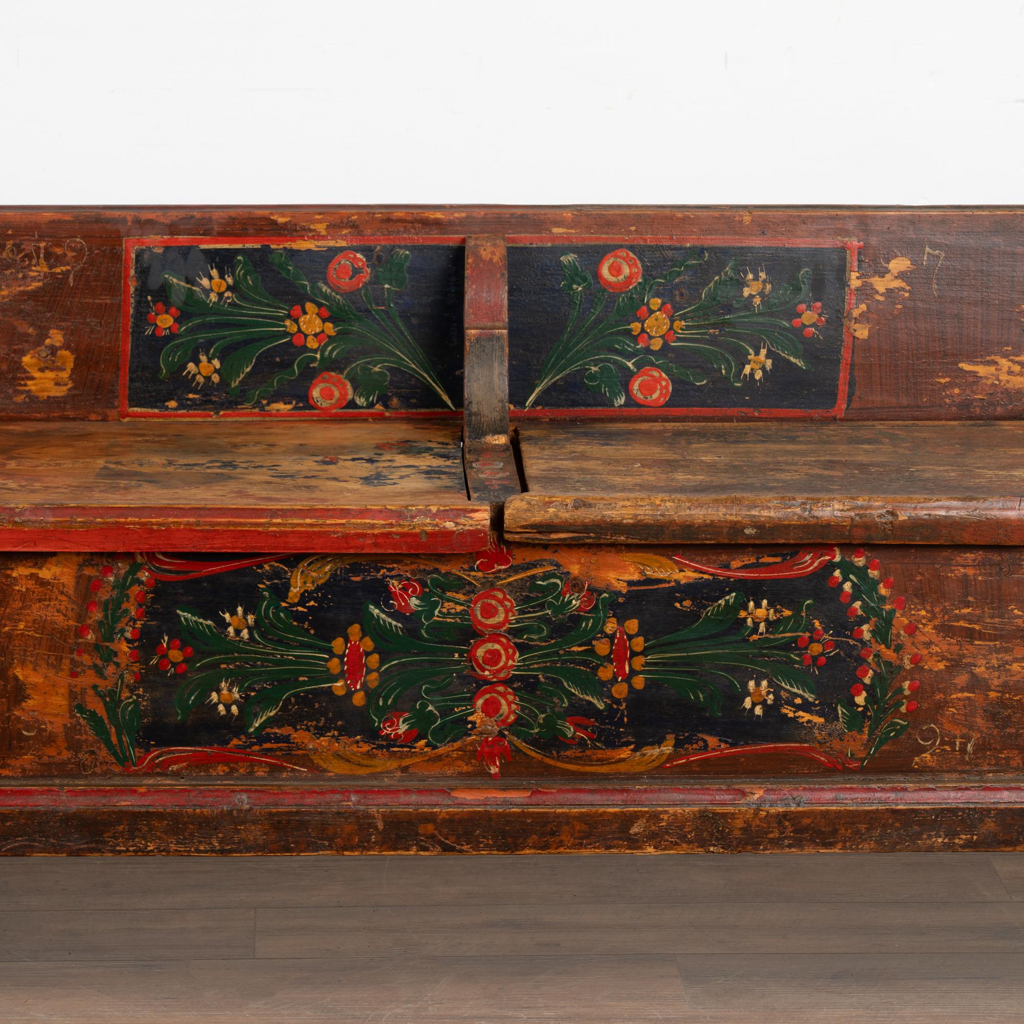 Wood Long Hand Painted Bench With Storage, Hungary circa 1900