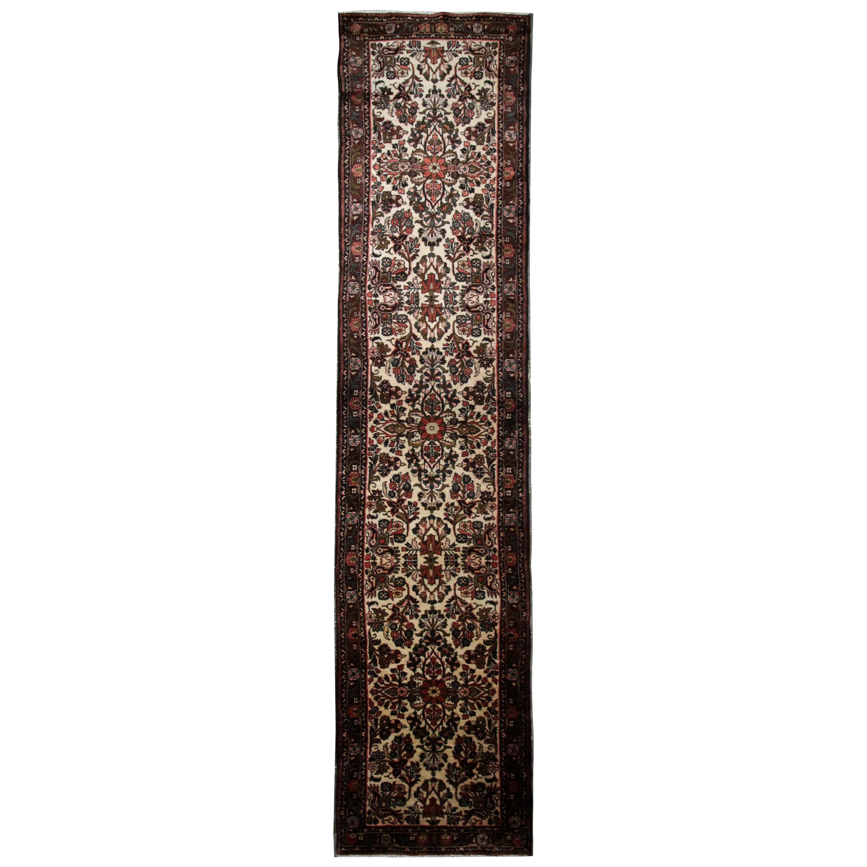Langer handgefertigter indischer Teppich-Läufer Vintage mit Blumenmuster aus Wolle 
