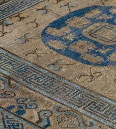 Mid-19th Century Antique Khotan Rug, Handwoven Wool, Blue Floral
