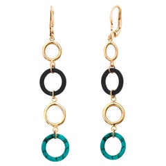 Pendientes largos en forma de círculo de oro amarillo de 14 quilates con turquesa natural y ónix negro