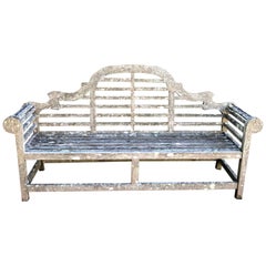 Used Long Heavily-Lichened, Silvered English Lutyens-Style Bench in Teak