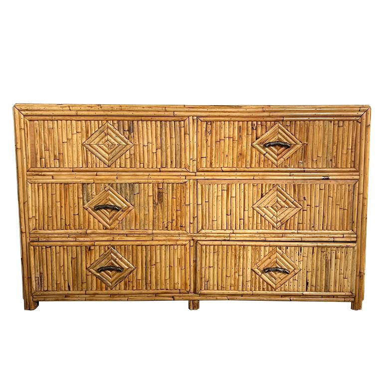 American Long Hollywood Regency Split Reed Bamboo 6 Drawer Low Dresser Chest of Drawers For Sale
