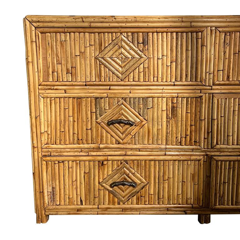 Long Hollywood Regency Split Reed Bamboo 6 Drawer Low Dresser Chest of Drawers For Sale 1