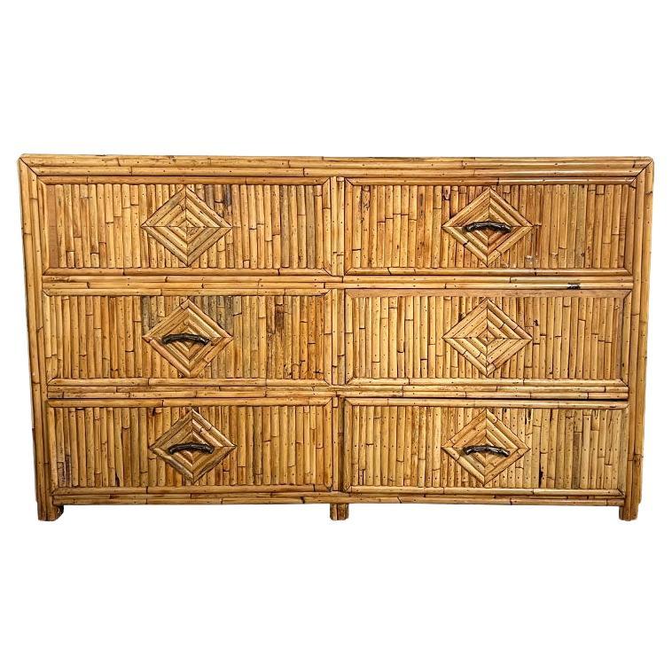 Long Hollywood Regency Split Reed Bamboo 6 Drawer Low Dresser Chest of Drawers