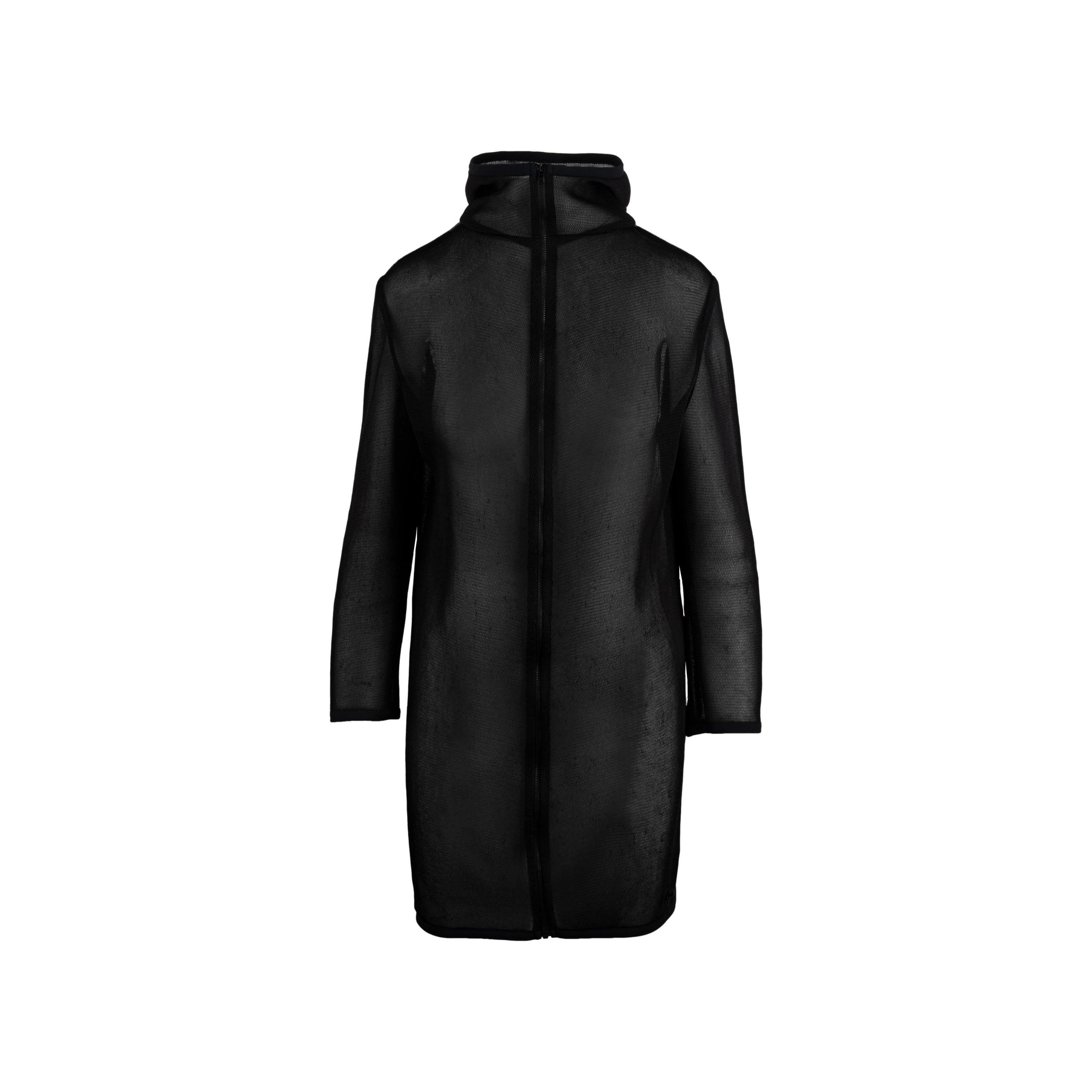 Courrèges long black hooded sweatshirt. Total length:77; Measure sleeves:53; Bust:52; Shoulders:11;