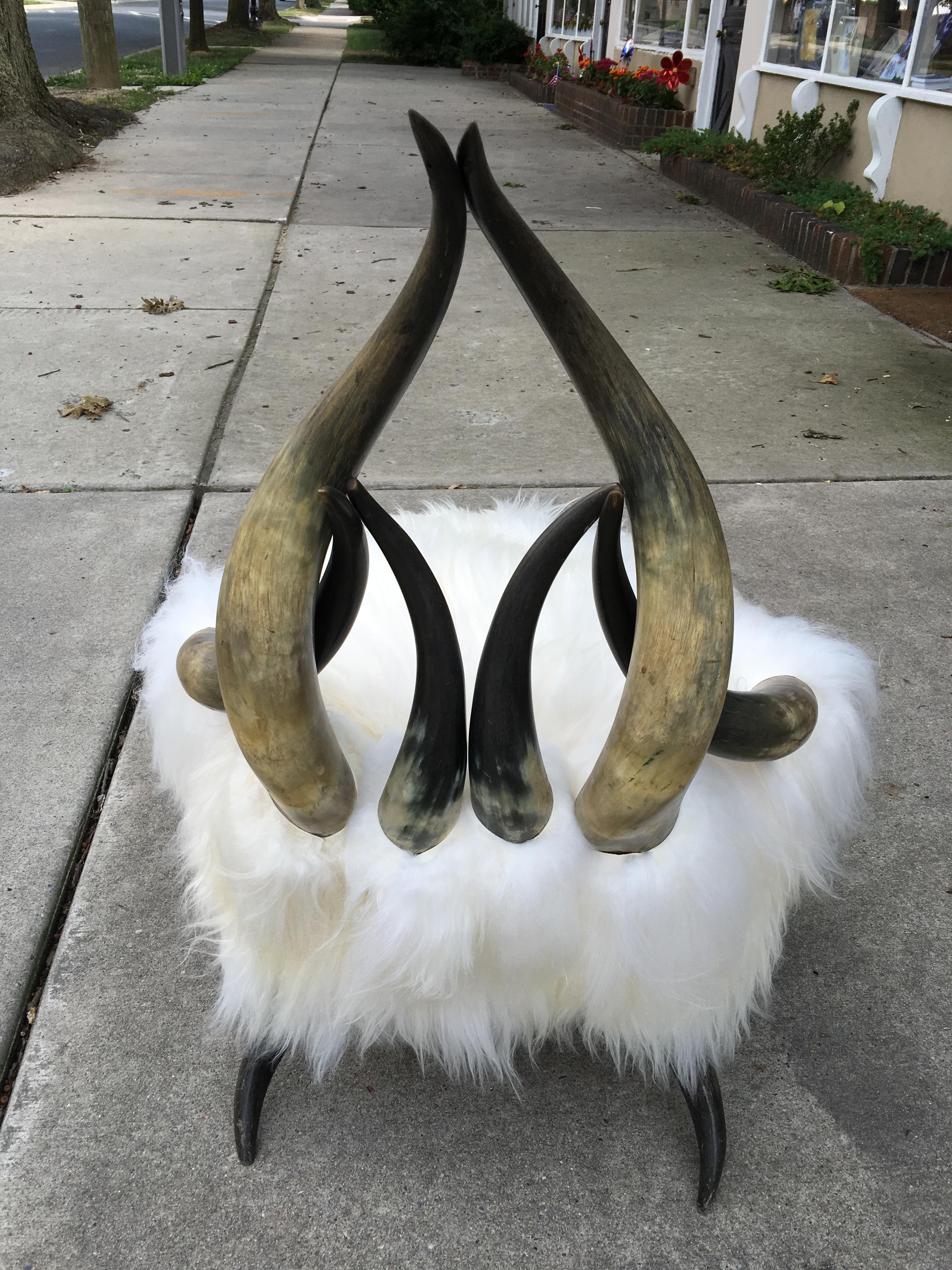 Long Horn Lounge-Chair and Ottoman with White Long Icelandic Sheep Upholstery 6