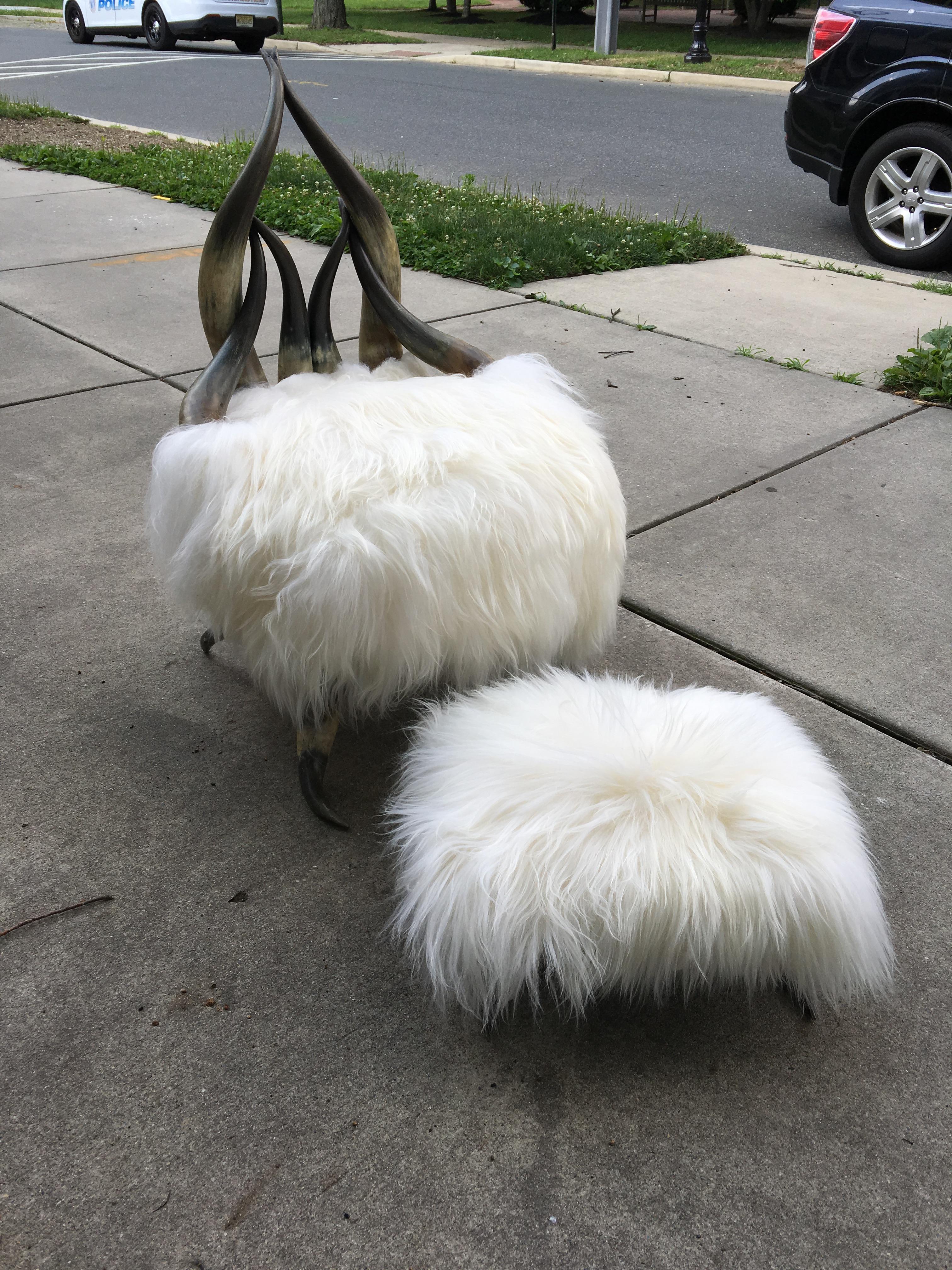 Long Horn Lounge-Chair and Ottoman with White Long Icelandic Sheep Upholstery 9