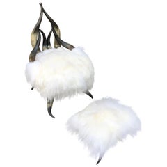 Long Horn Lounge-Chair und Ottomane mit weißem Isländisch-Schaf-Polster