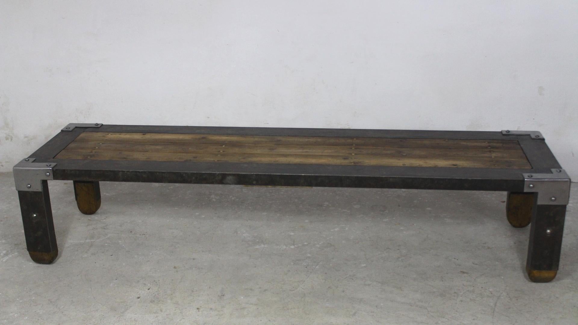 European Long Industrial Coffee Table Made from Riveted Iron and Wood, 1950s For Sale