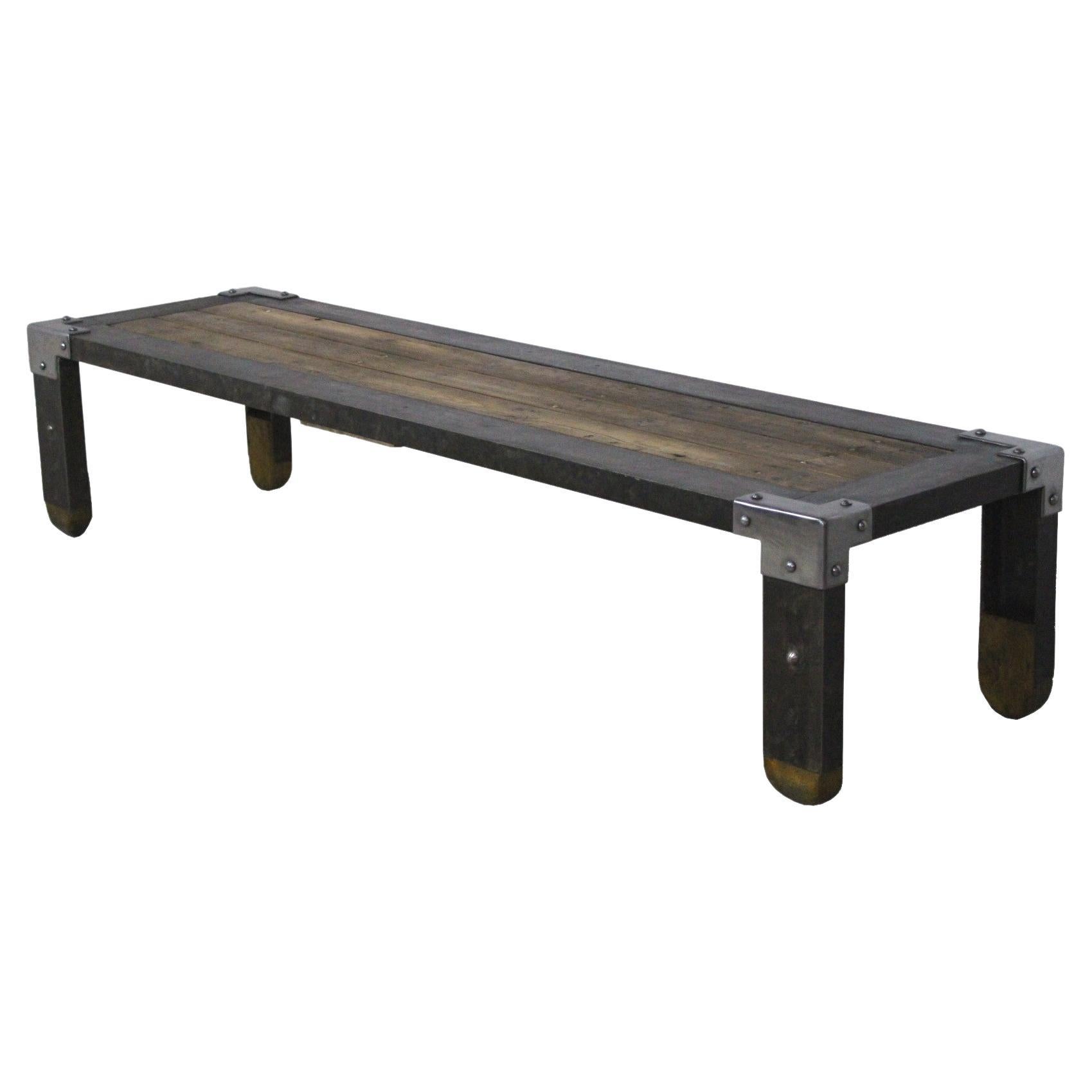 Long Industrial Coffee Table Made from Riveted Iron and Wood, 1950s For Sale