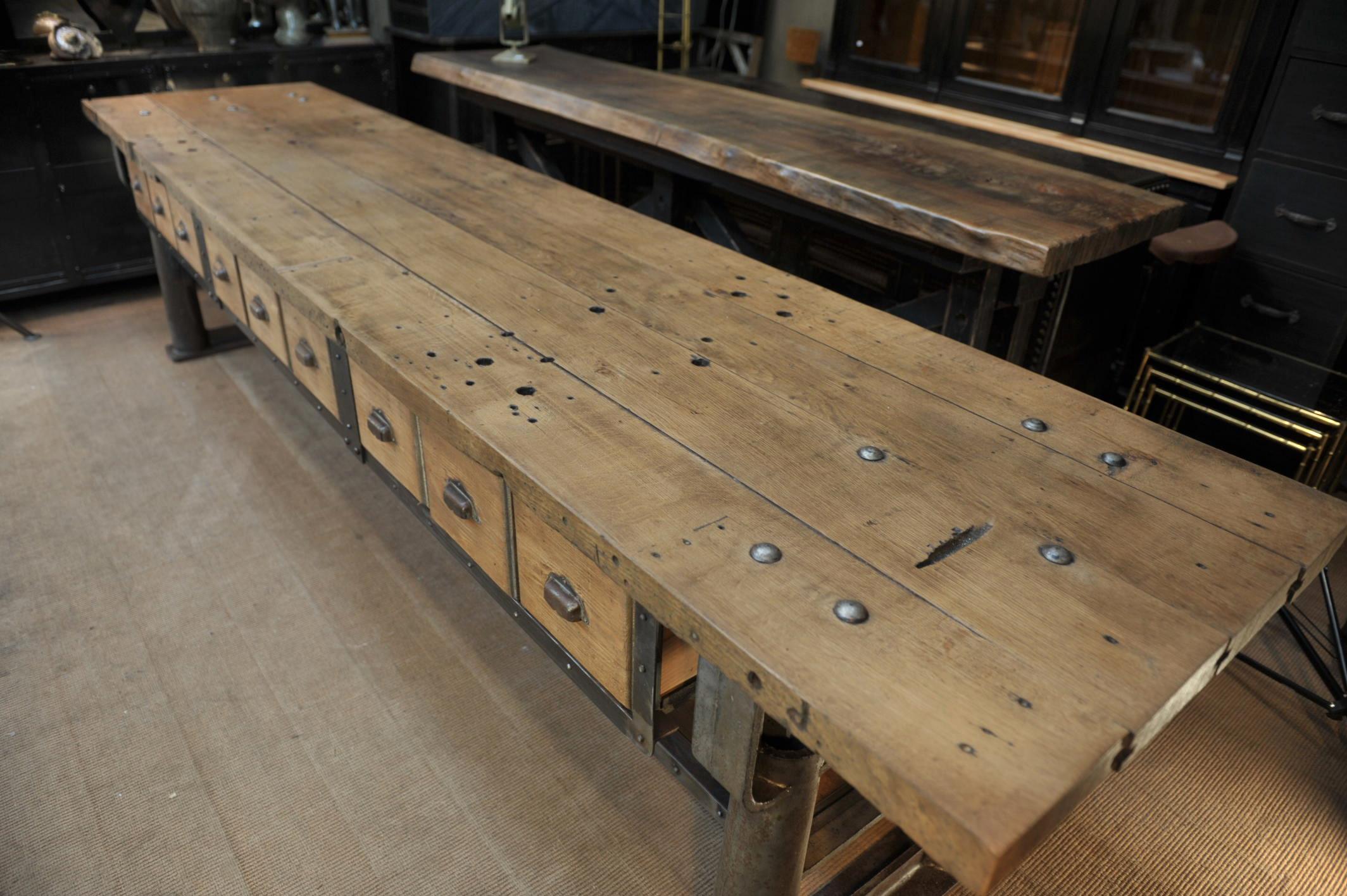 French Long Industrial Work Console Table in Cast Iron with 9 Drawers Franc, circa 1900 For Sale