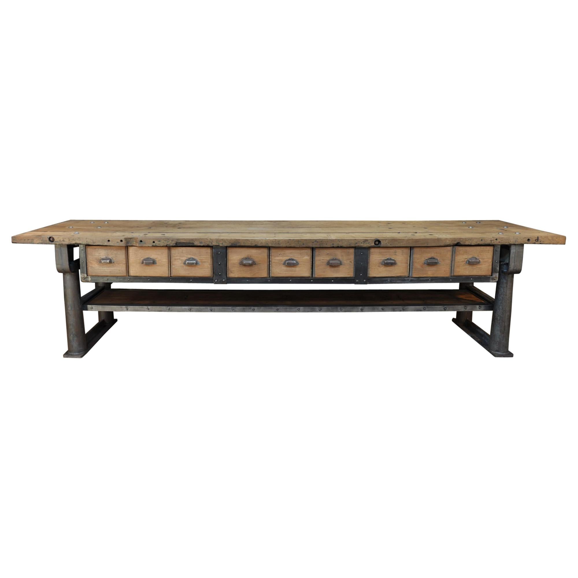 Long Industrial Work Console Table in Cast Iron with 9 Drawers Franc, circa 1900 For Sale