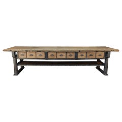 Long Industrial Work Console Table in Cast Iron with 9 Drawers Franc, circa 1900