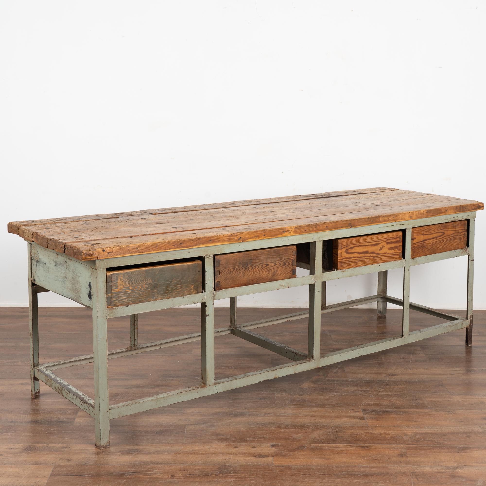 Long Industrial Work Table Kitchen Island with 4 Drawers, Hungary circa 1920-40 2