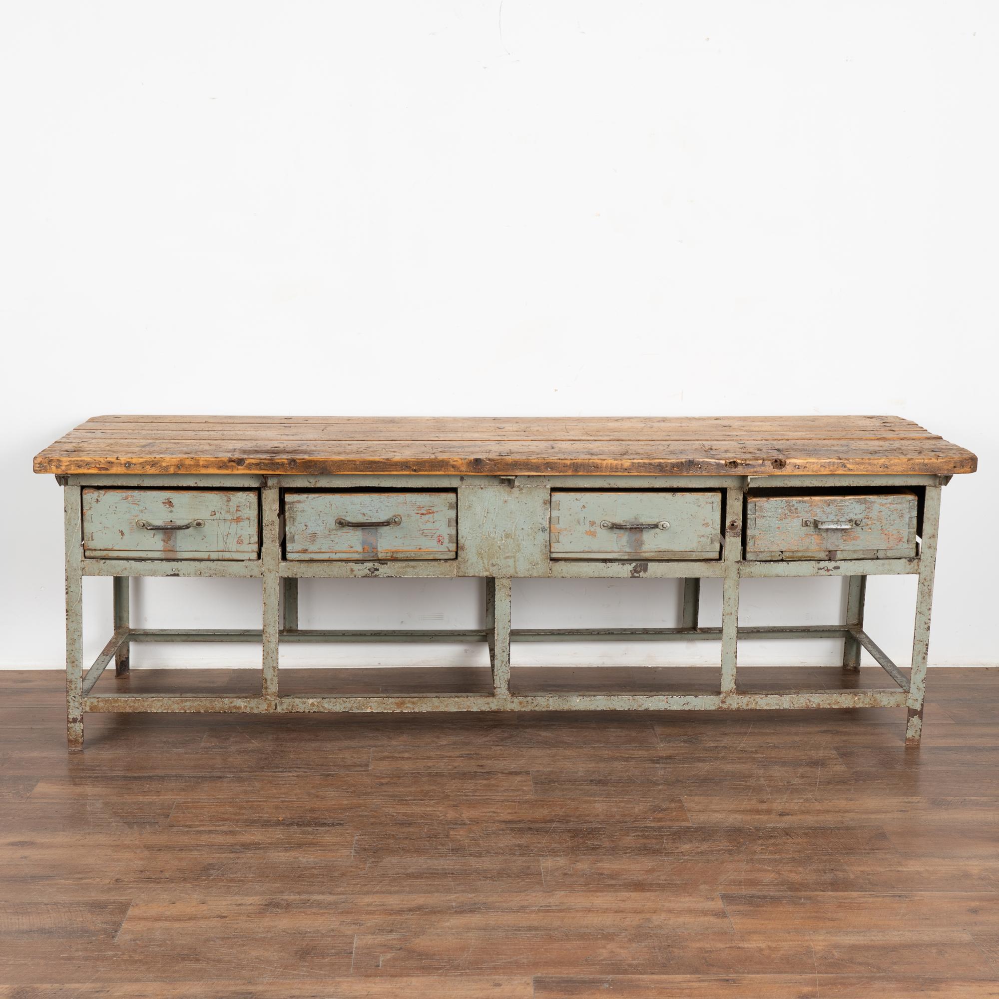 Rustic Long Industrial Work Table Kitchen Island with 4 Drawers, Hungary circa 1920-40