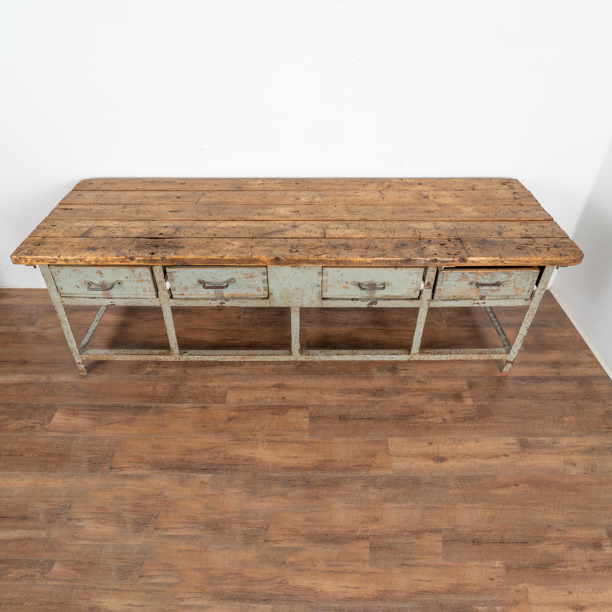 Hungarian Long Industrial Work Table Kitchen Island with 4 Drawers, Hungary circa 1920-40