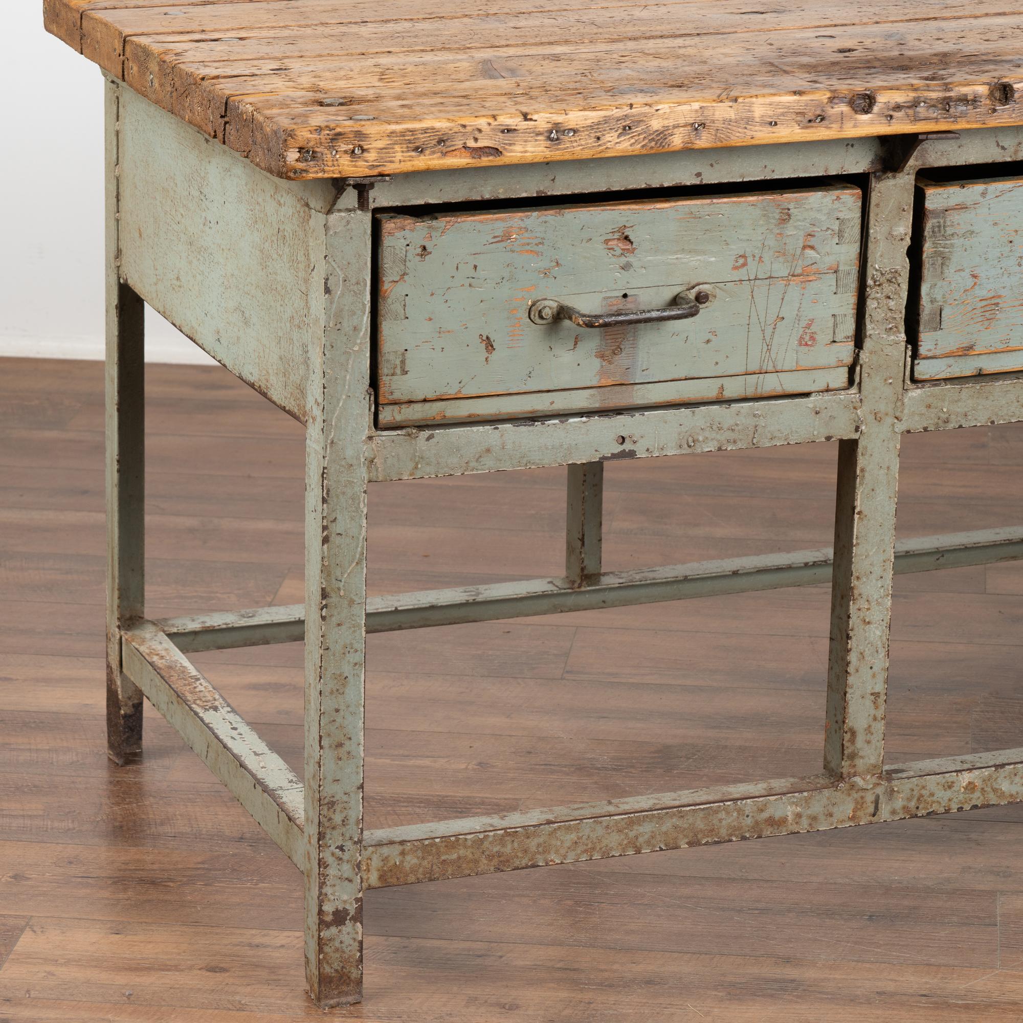 Long Industrial Work Table Kitchen Island with 4 Drawers, Hungary circa 1920-40 In Good Condition In Round Top, TX