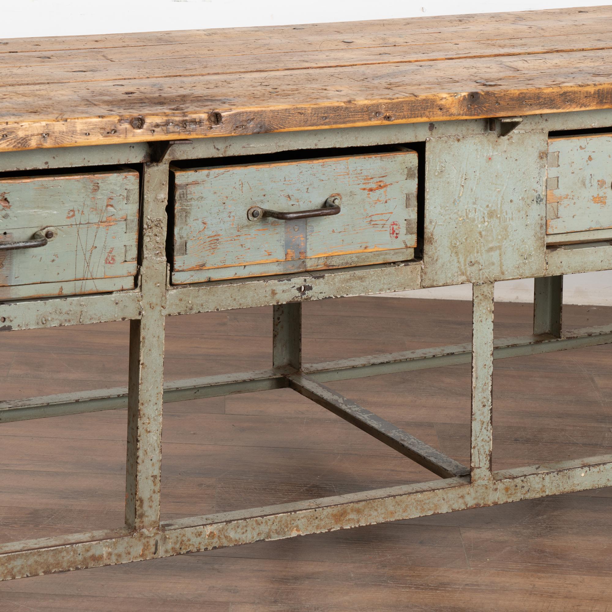20th Century Long Industrial Work Table Kitchen Island with 4 Drawers, Hungary circa 1920-40