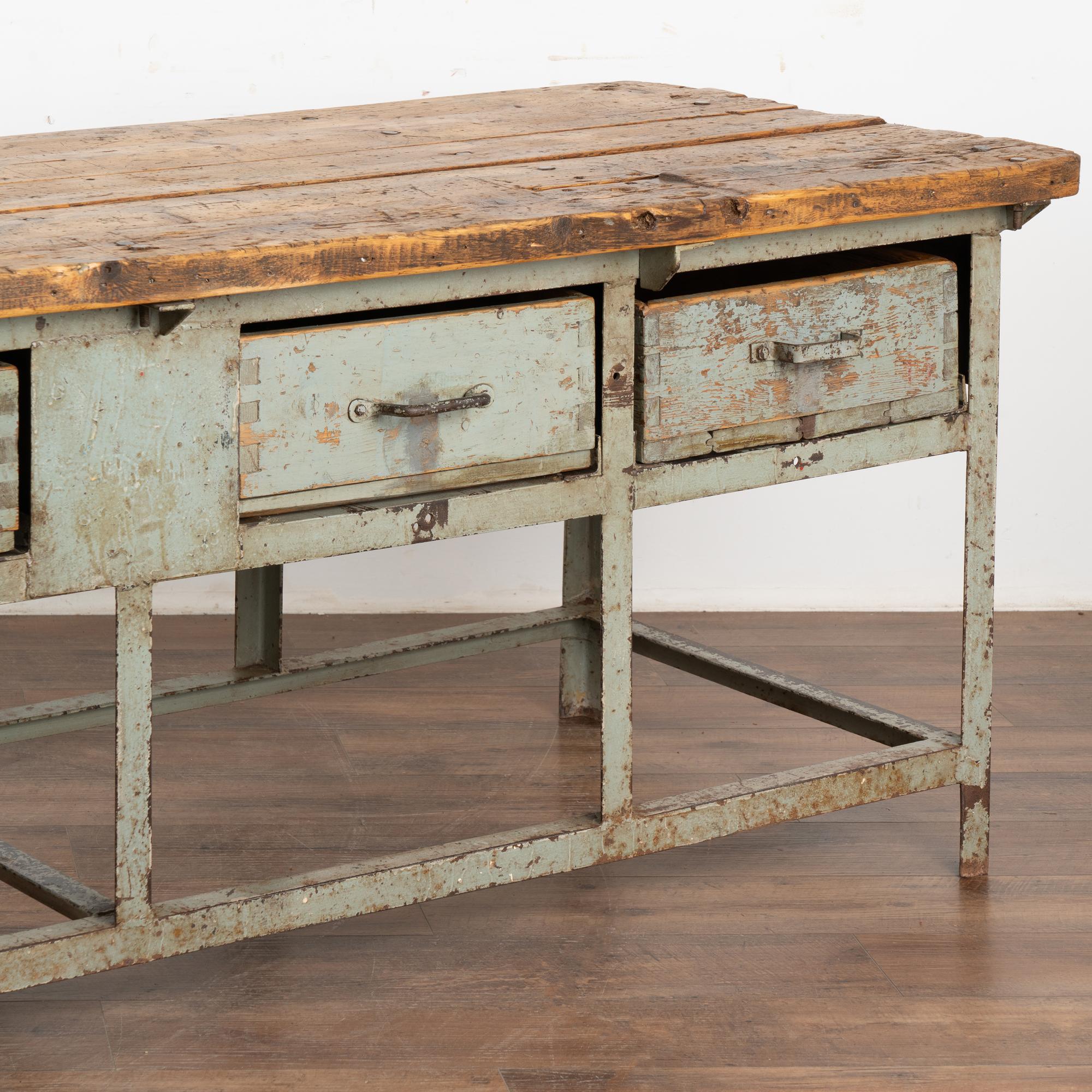 Metal Long Industrial Work Table Kitchen Island with 4 Drawers, Hungary circa 1920-40