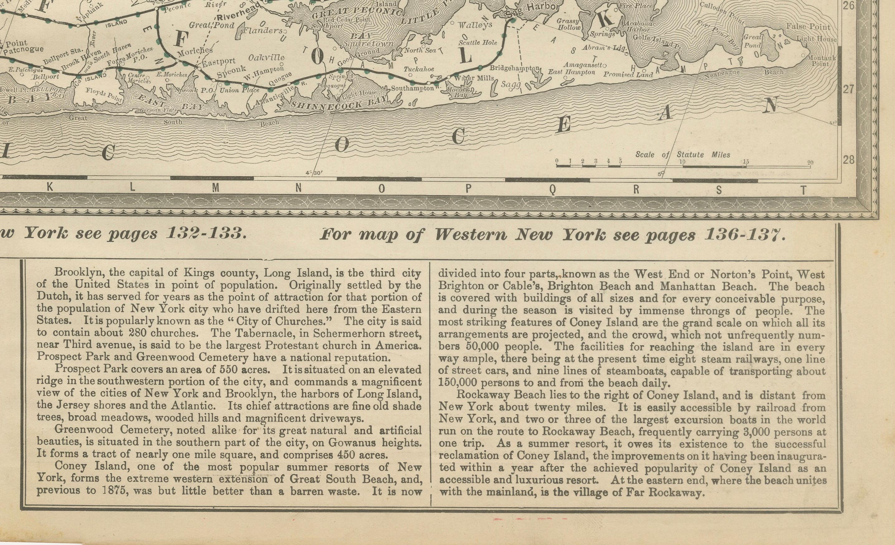 Carte ancienne de Long Island, New York - Rand McNally, circa 1888

Cette carte ancienne de Long Island, New York, a été publiée par Rand, McNally & Co. vers 1888. Tiré de leur série d'atlas de la fin du XIXe siècle, il présente une vue finement