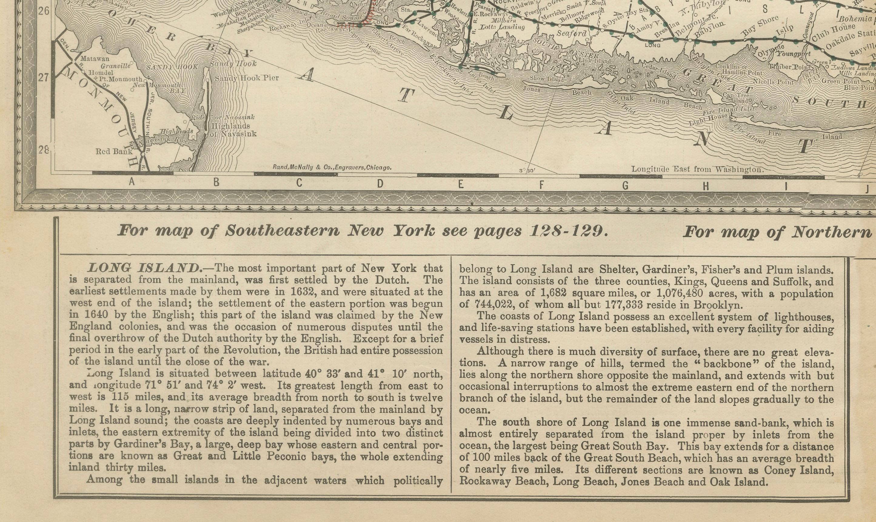 Américain Long Island New York Antique Map c.1888 - The Empire State, Railroads en vente