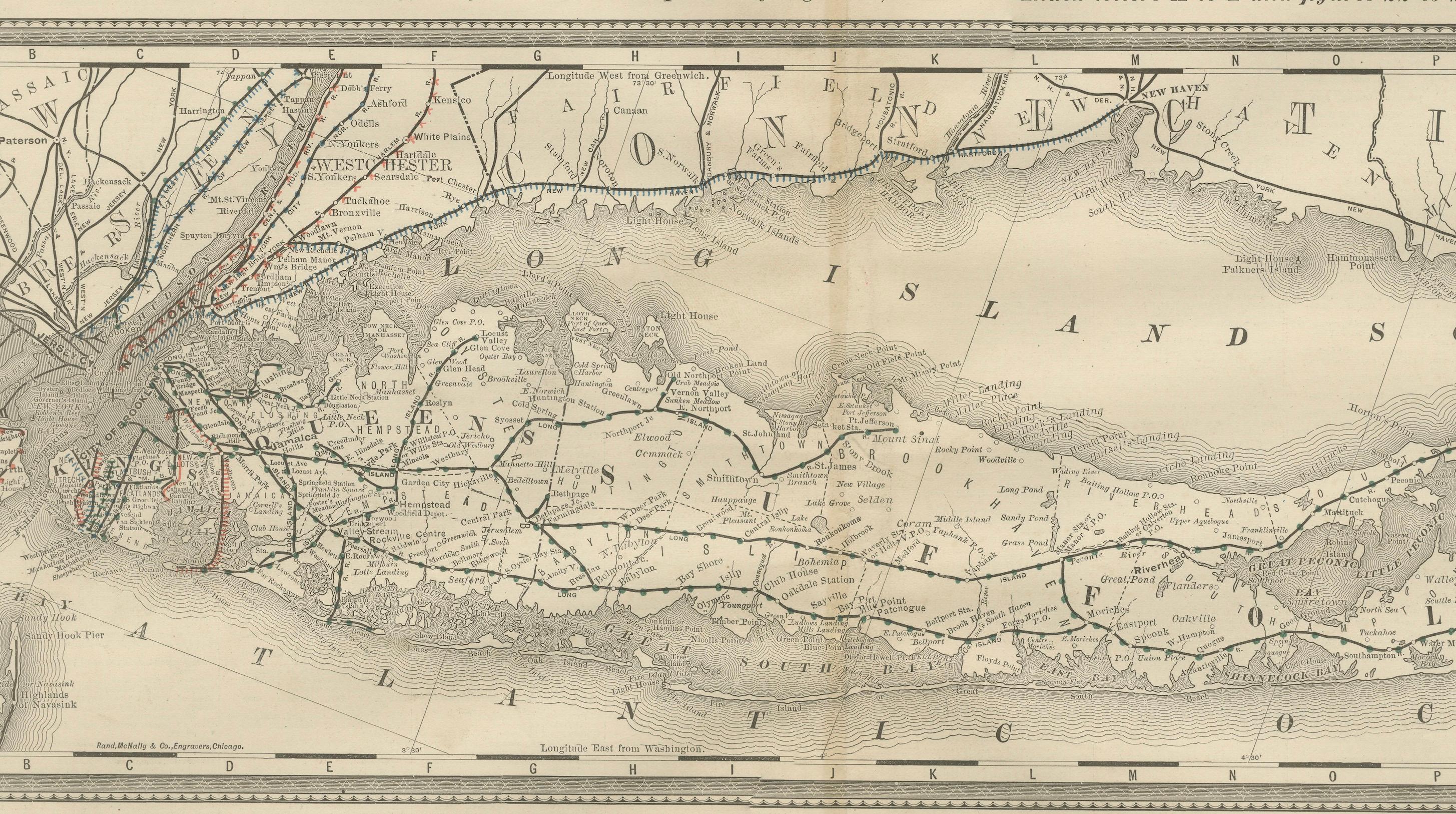 Long Island New York Antique Map c.1888 - The Empire State, Railroads en vente 1