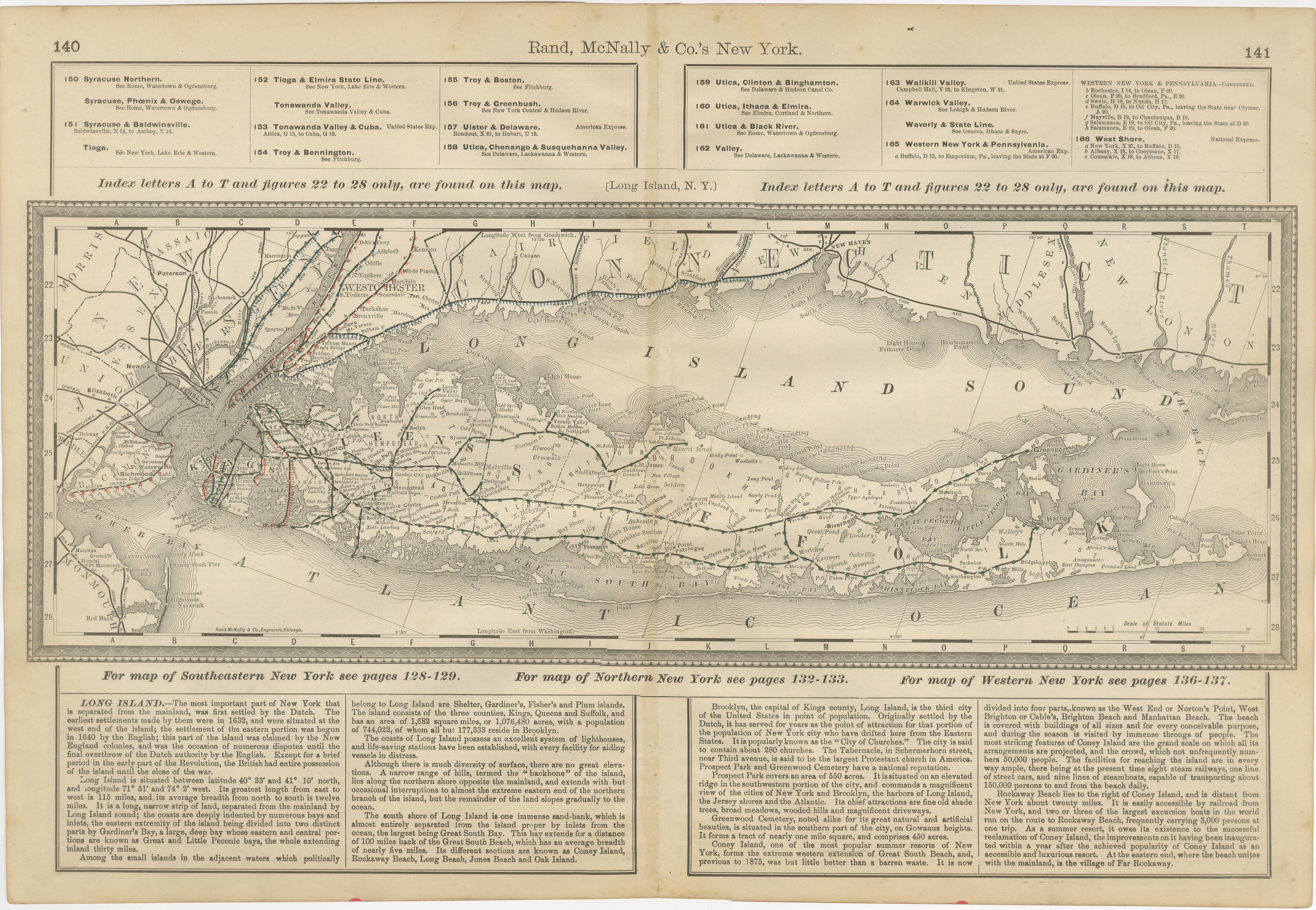 Long Island New York Antique Map c.1888 - The Empire State, Railroads