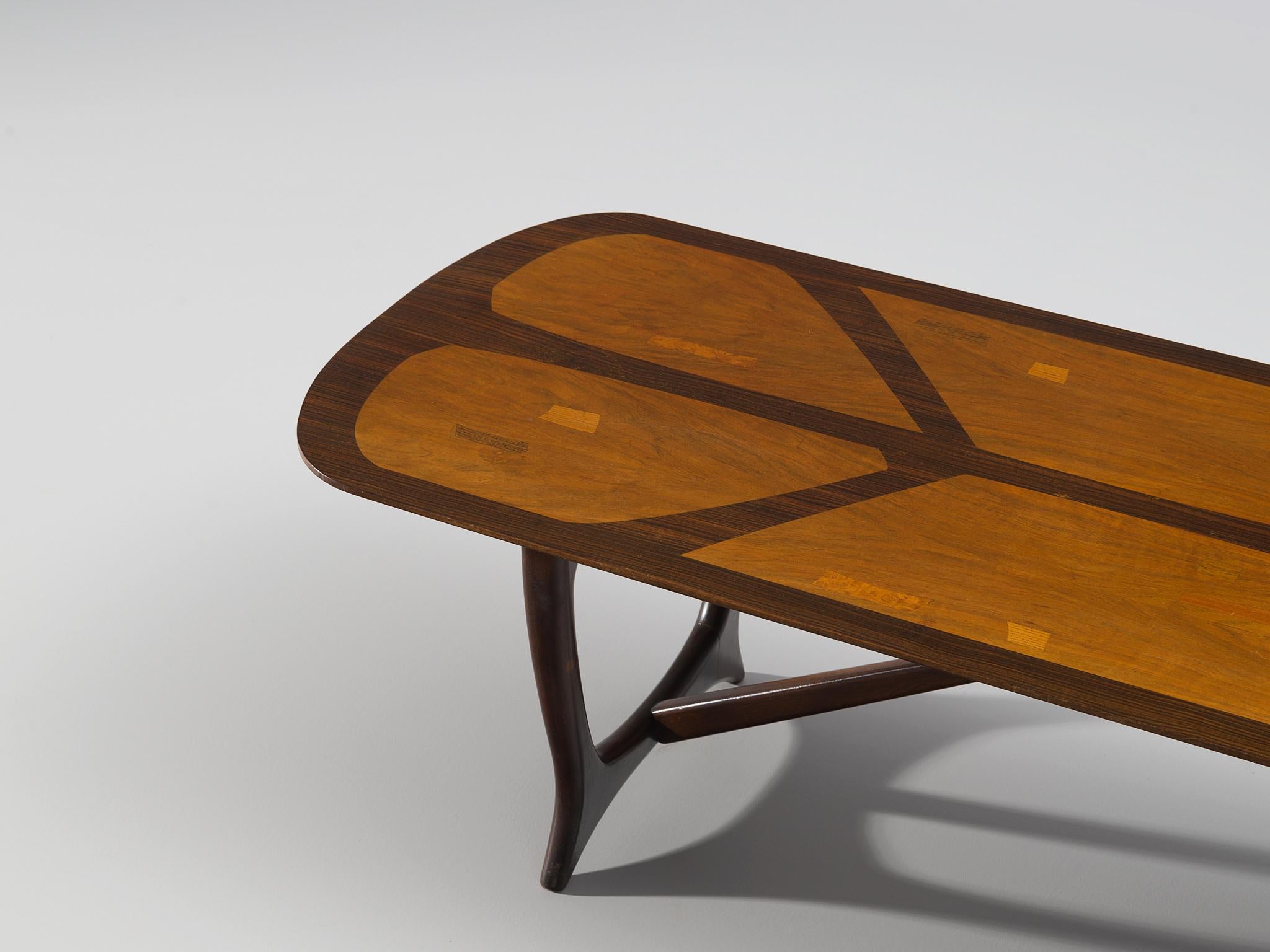 Wood Long Italian Marquetry Coffee Table in Walnut and Rosewood