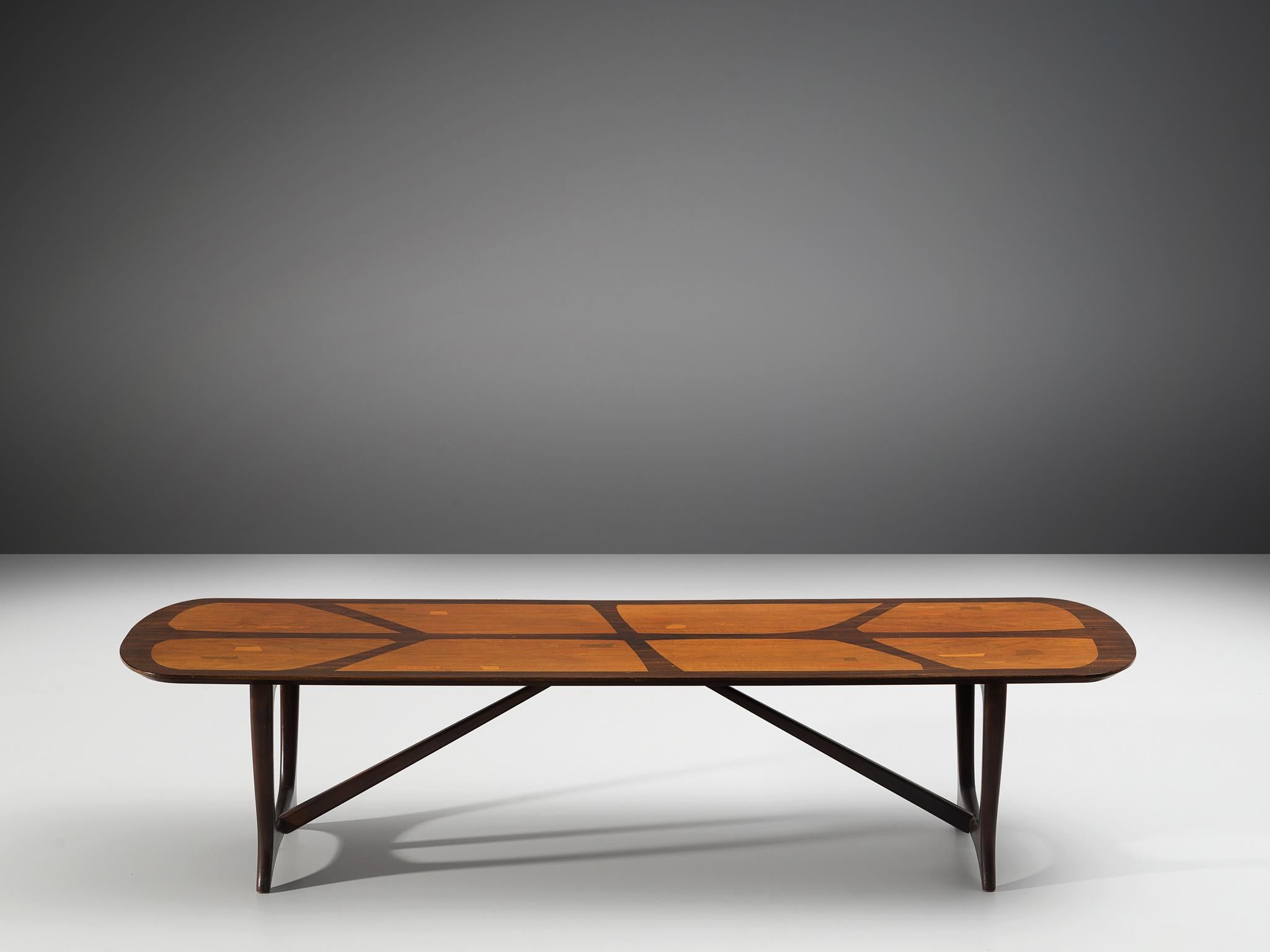 Long Italian Marquetry Coffee Table in Walnut and Rosewood 2