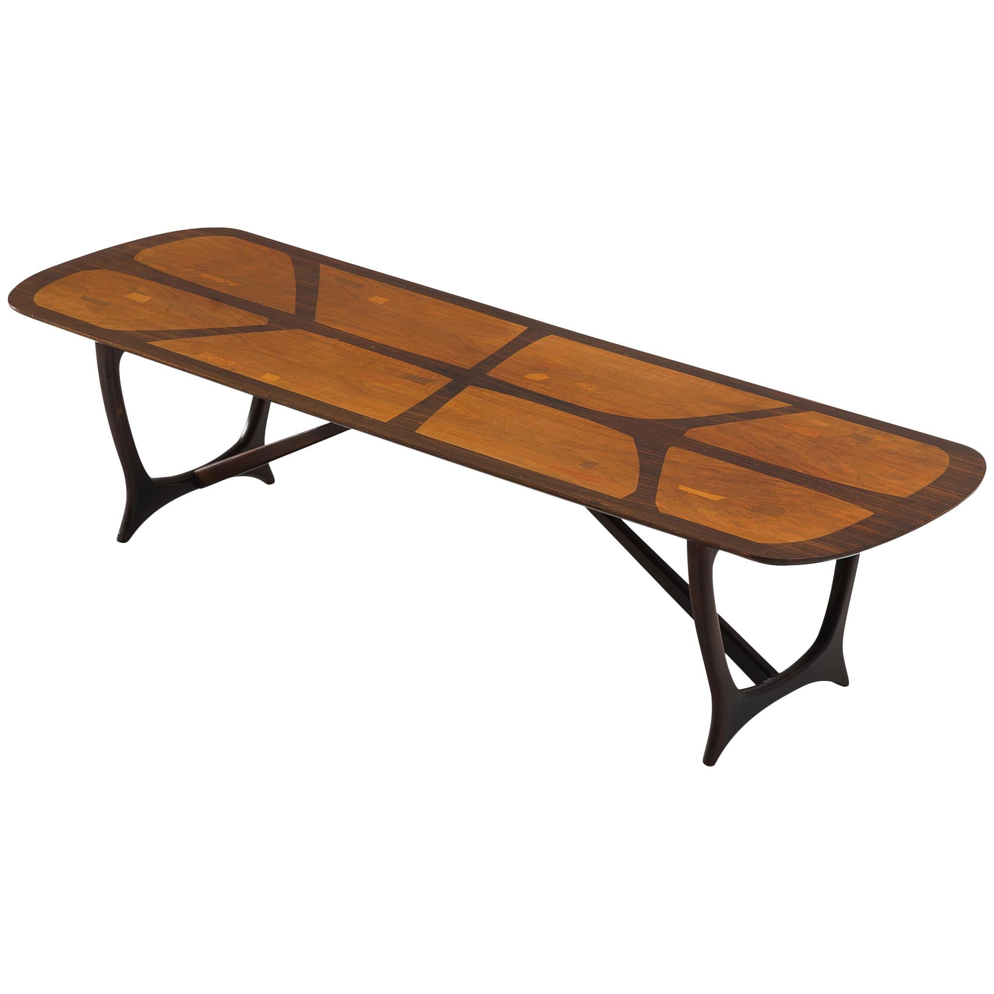 Long Italian Marquetry Coffee Table in Walnut and Rosewood