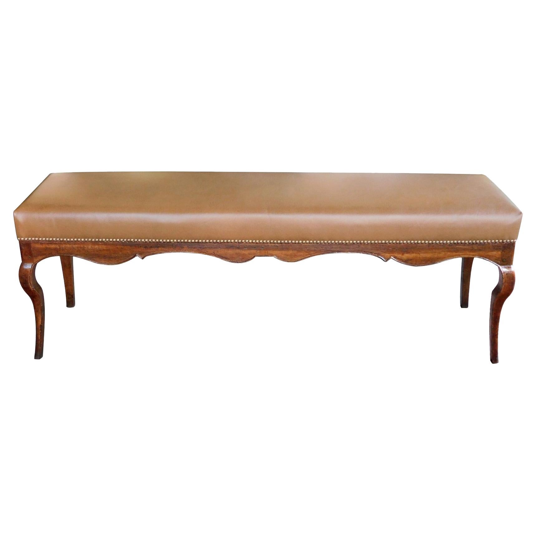 Long Italian Rococo Style Bench with Leather Upholstery