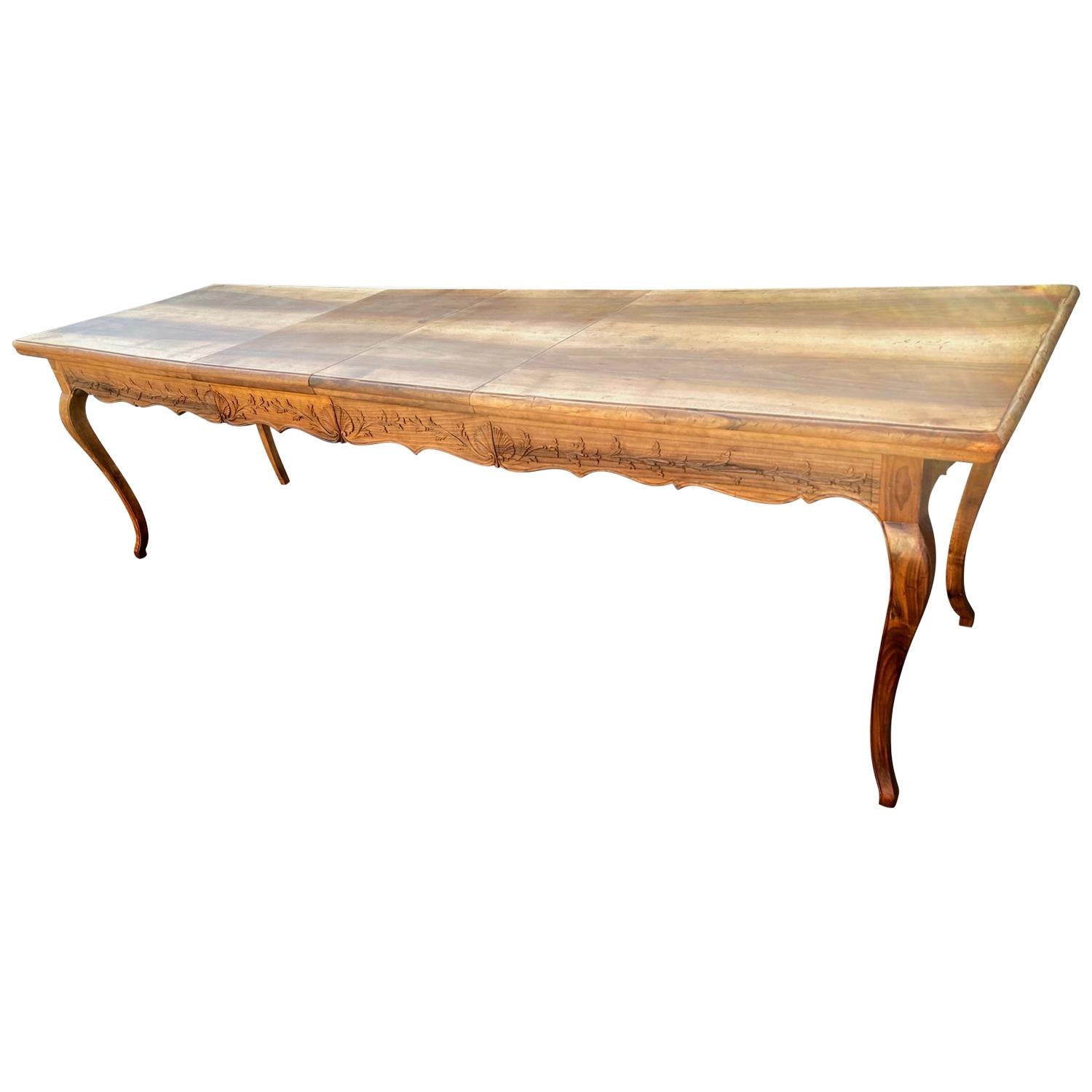 Long Italian Vintage Farmhouse Dining Table With Two Leaves