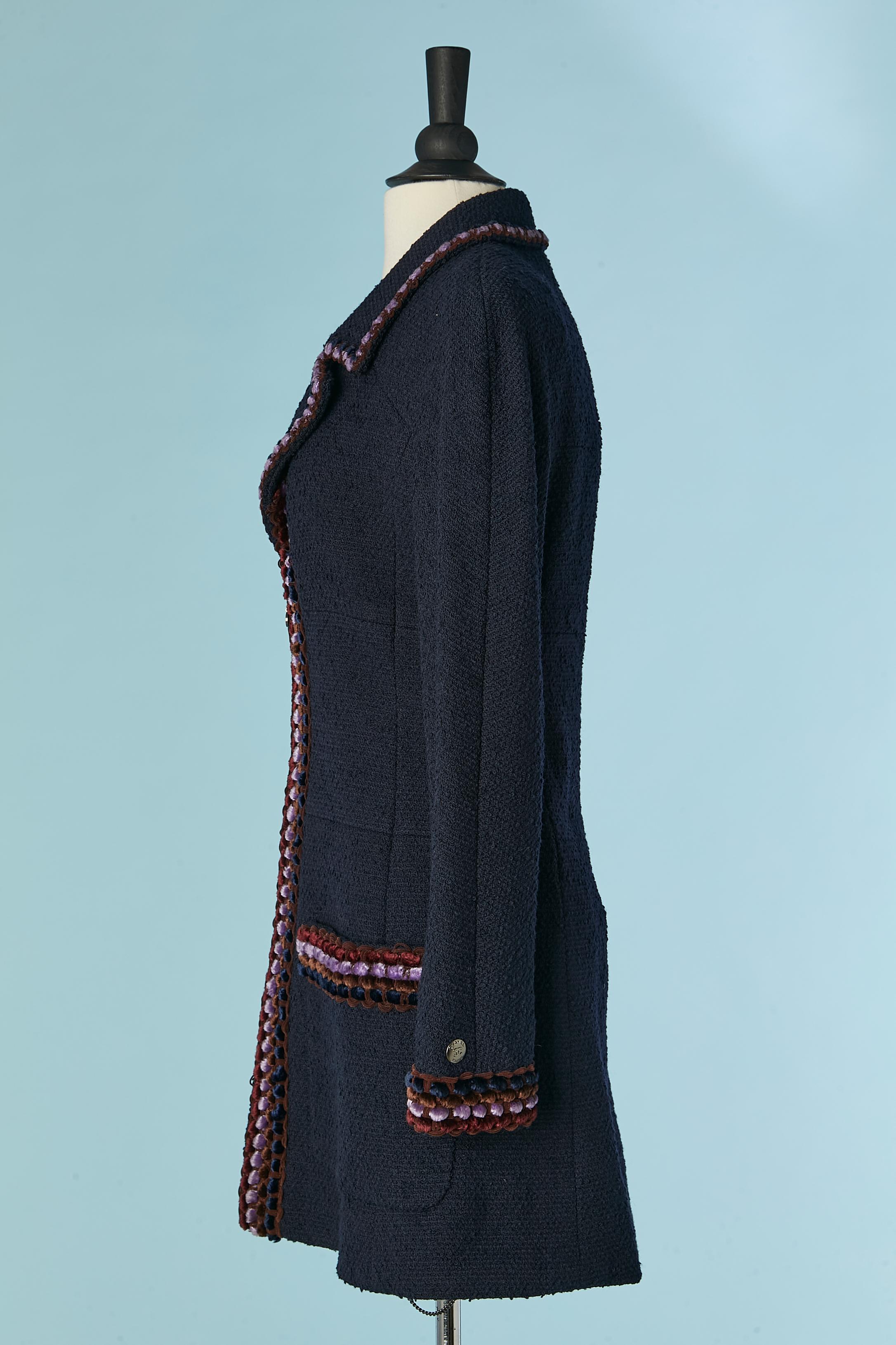 Women's Long jacket in Navy tweed with velvet trims and zip closure Chanel Boutique For Sale