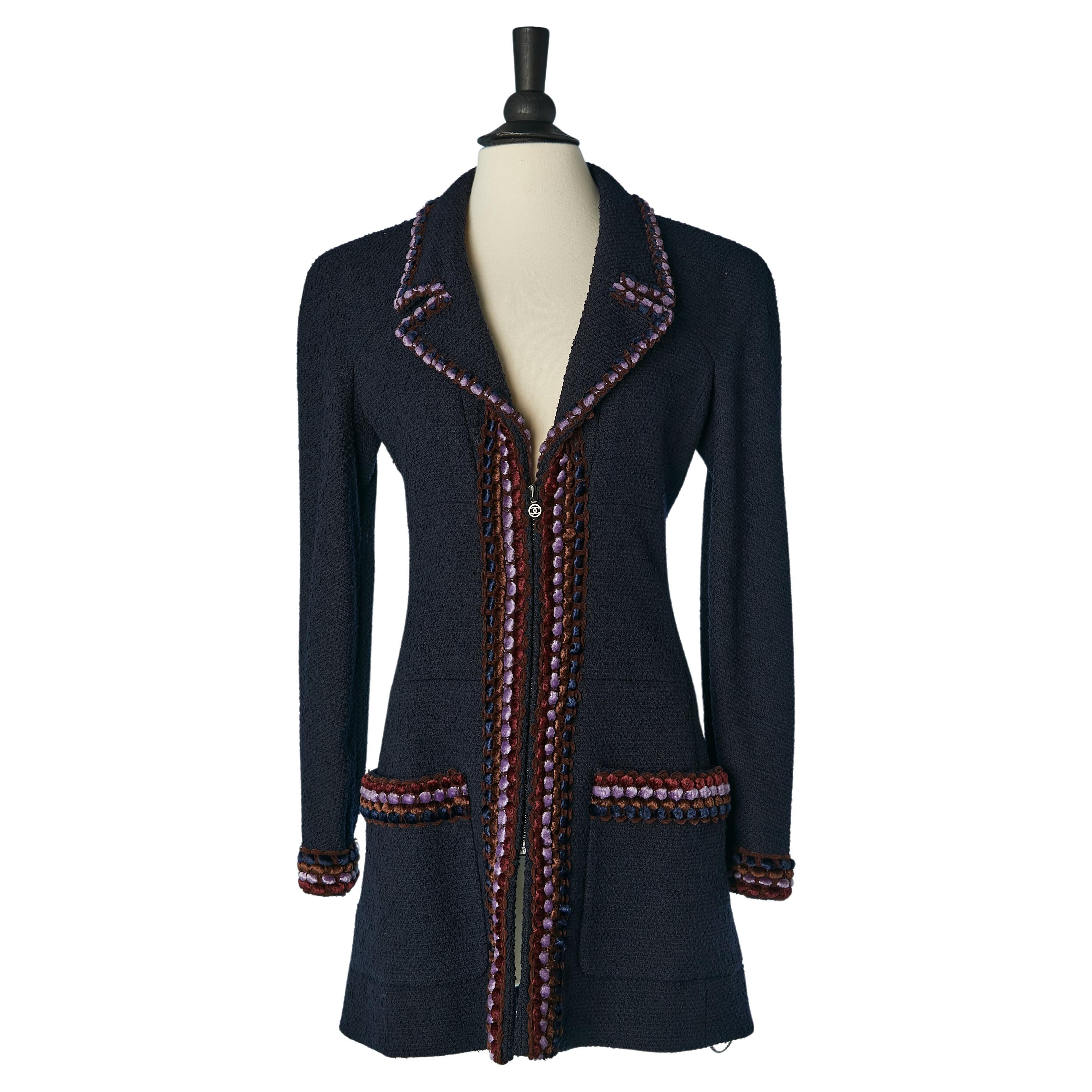 Long jacket in Navy tweed with velvet trims and zip closure Chanel Boutique For Sale