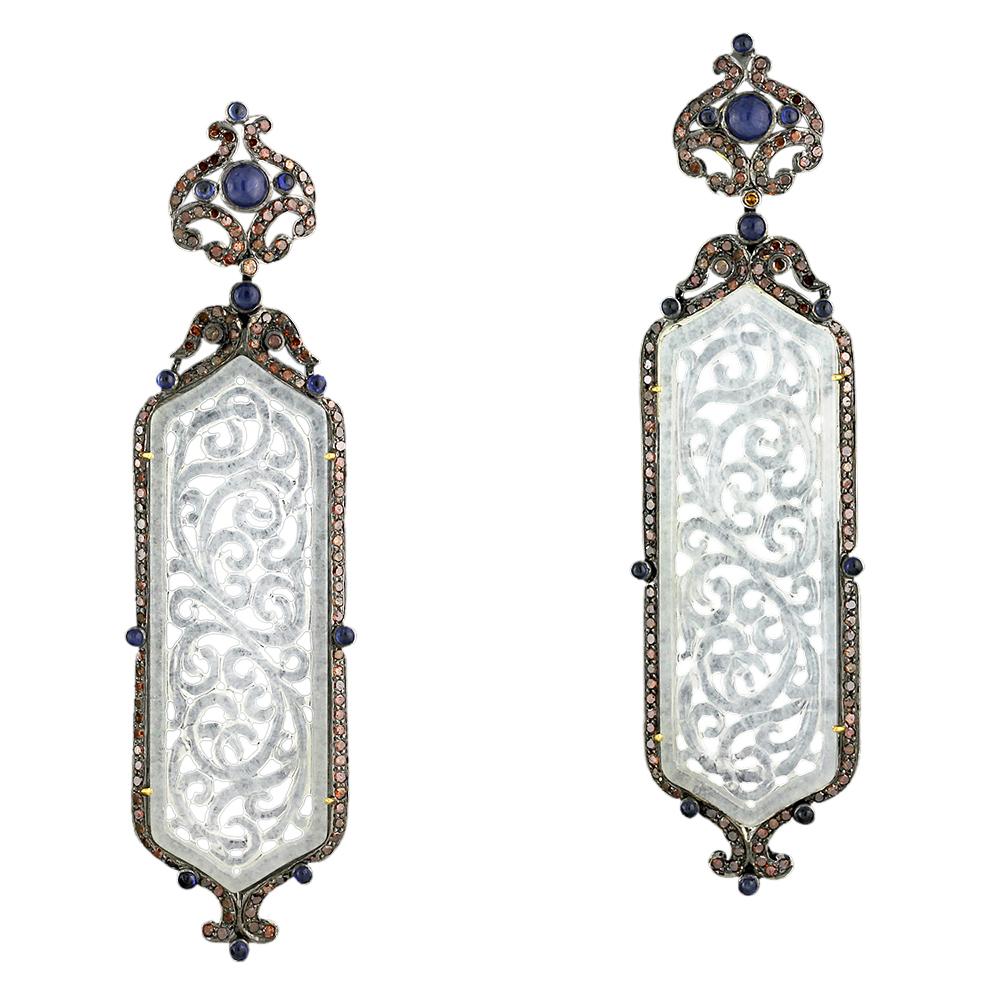 Mixed Cut Long Jade Earring with Diamonds and Sapphire around  For Sale