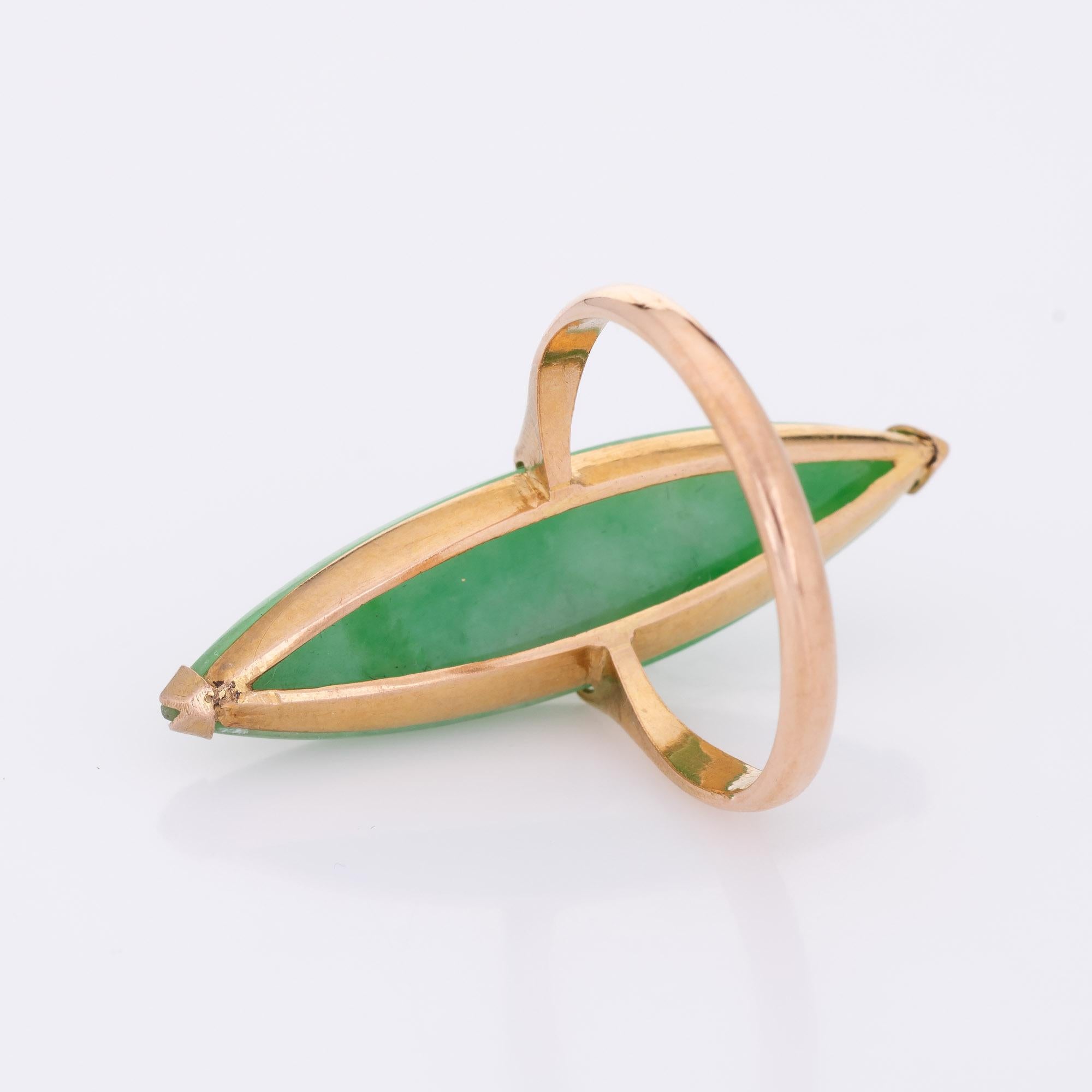 Long Jade Ring Vintage 18k Yellow Gold Sz 9 Elongated Cocktail Fine Jewelry  In Good Condition In Torrance, CA