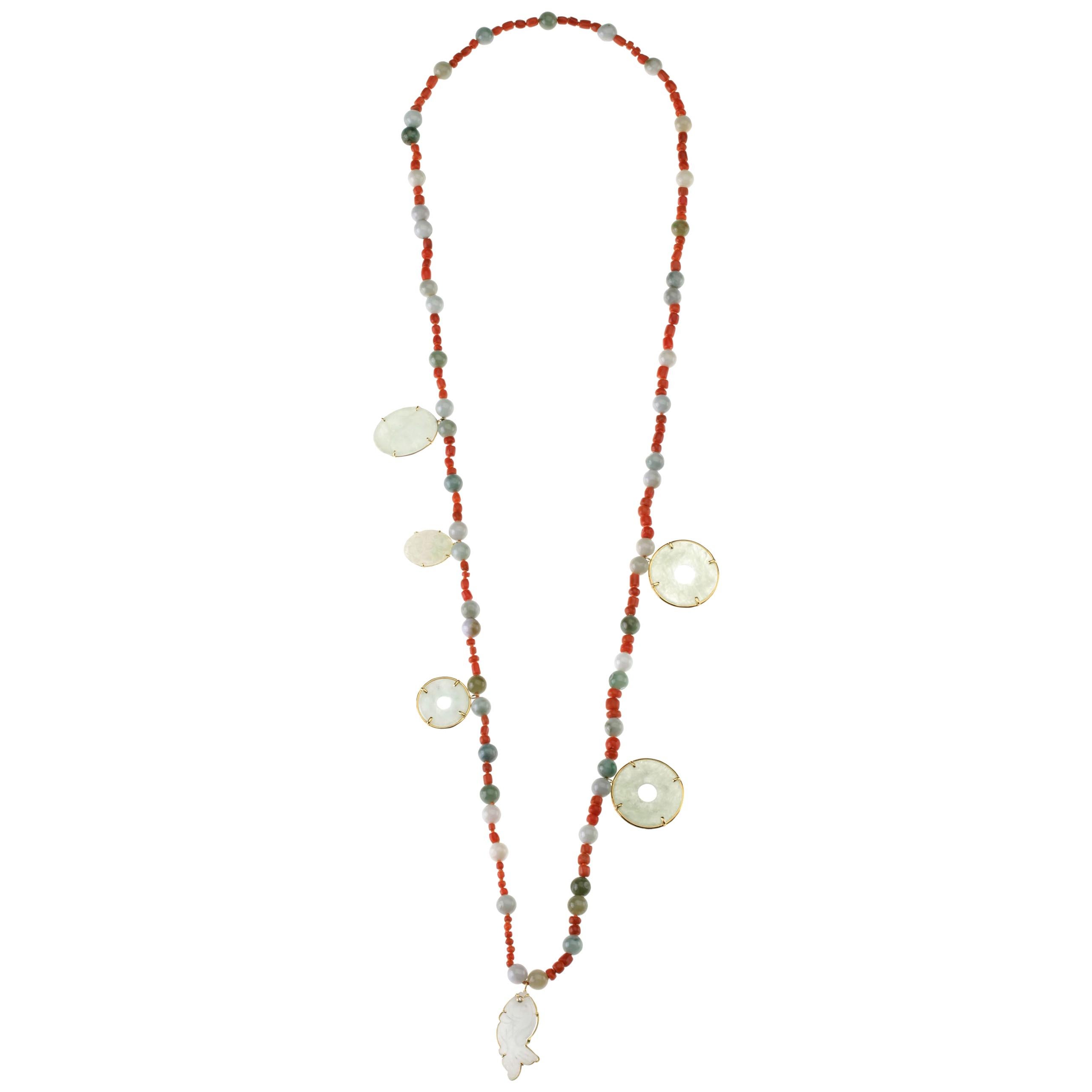 Long Jade Sciacca Coral Necklace 18 Karat Gold For Sale