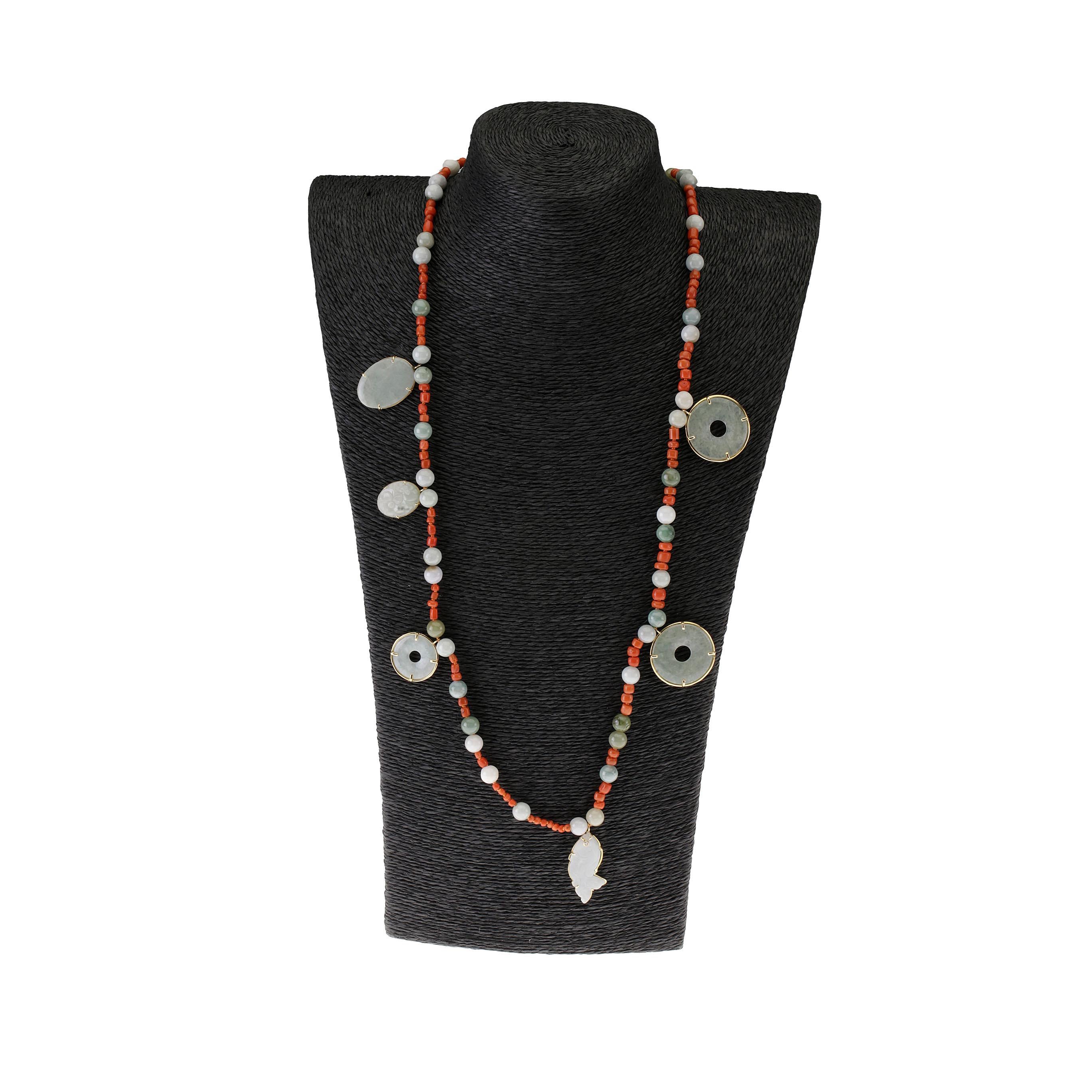 Long antiques jade necklace with little fish lucky symbol,  Bi and  antiques Sciacca Coral, 18 k Gold gr. 17. Length 80cm.
All Giulia Colussi jewelry is new and has never been previously owned or worn. Each item will arrive at your door beautifully