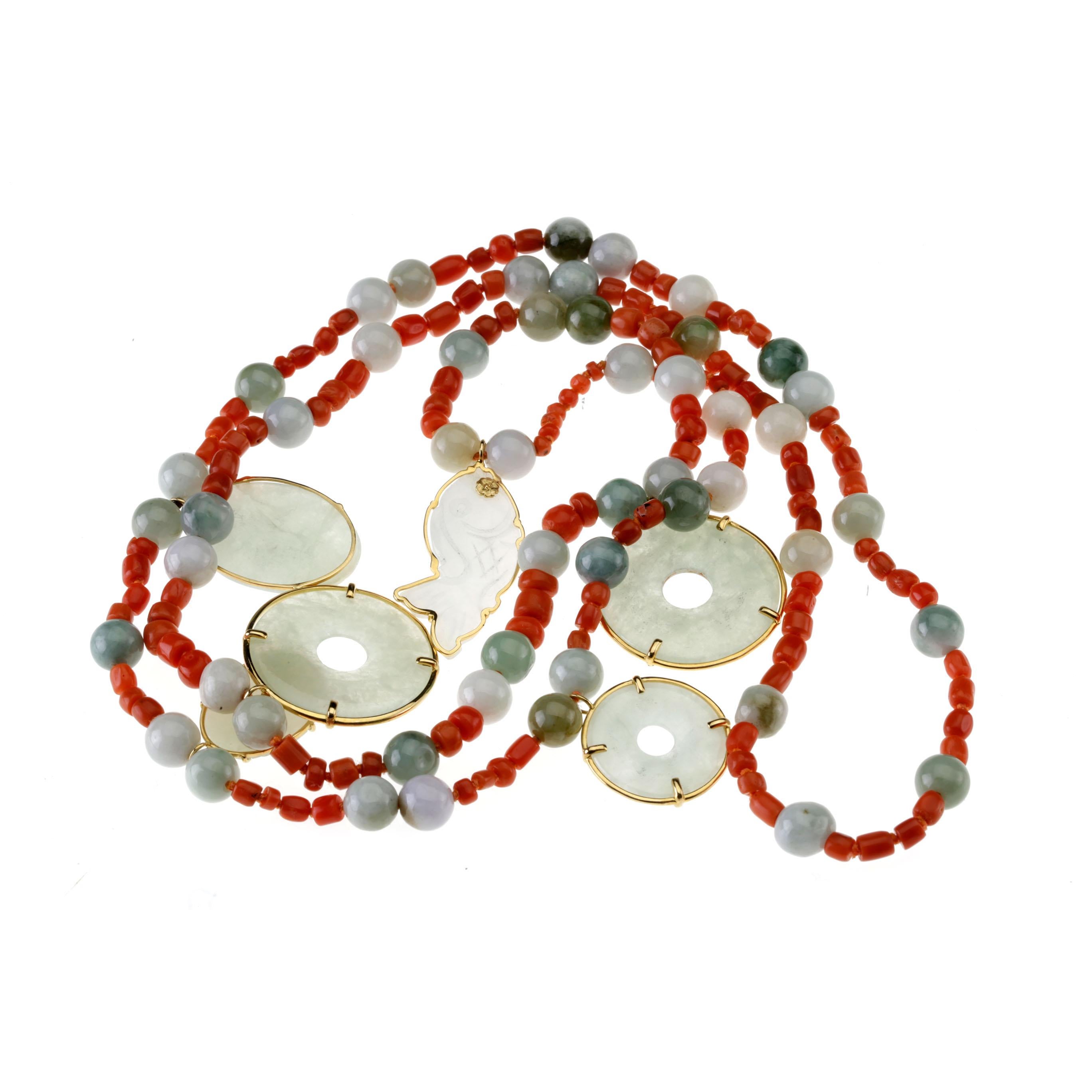 Artisan Long Jade Sciacca Coral Necklace 18 Karat Gold For Sale