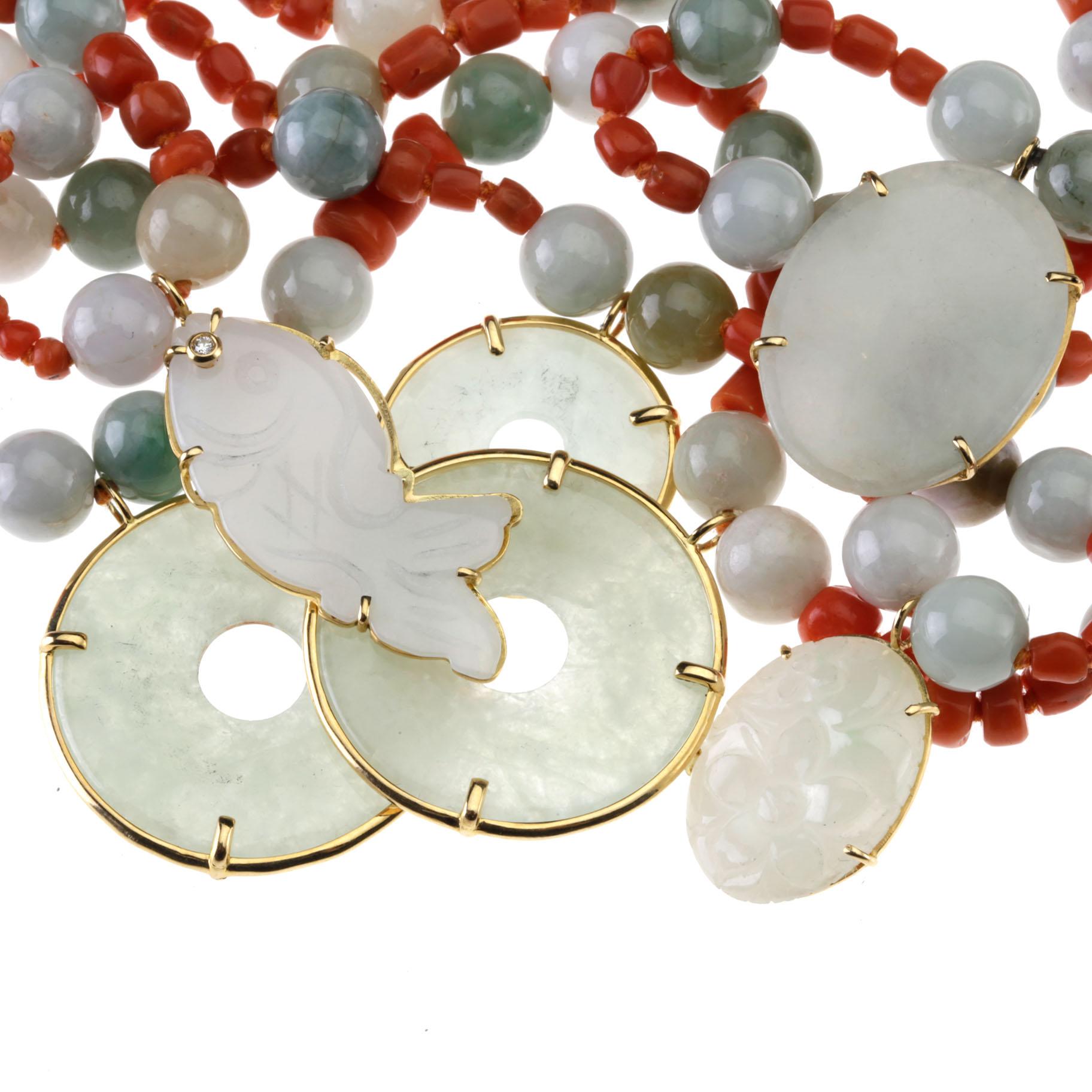 Bead Long Jade Sciacca Coral Necklace 18 Karat Gold For Sale