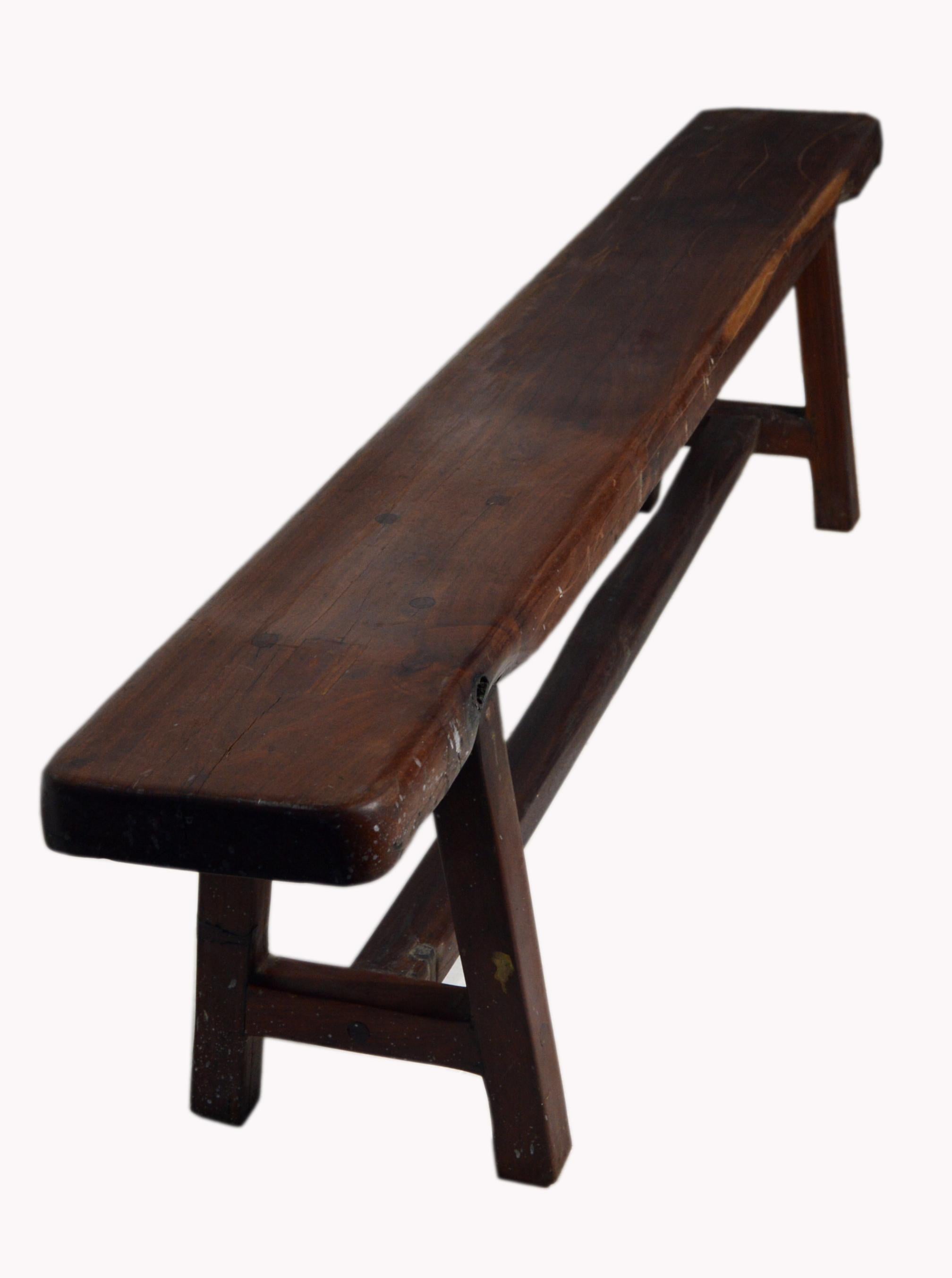 Long Javanese 19th Century Wooden Bench with Brown Finish and Cross Stretcher In Good Condition In Yonkers, NY