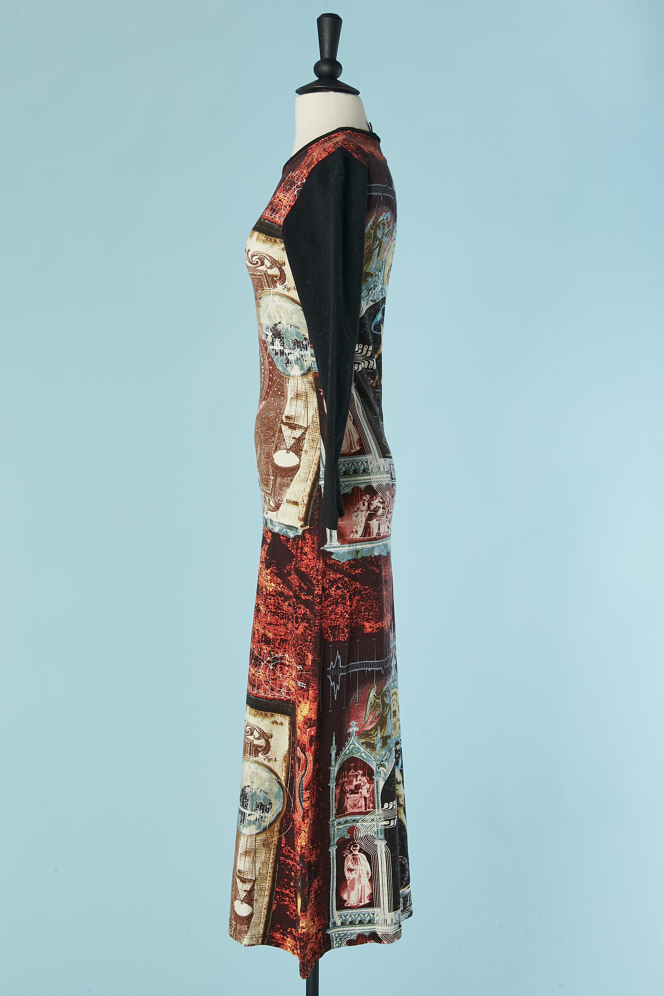 Brown Long jersey printed dress with black knit sleeve GAULTIER JEANS For Sale